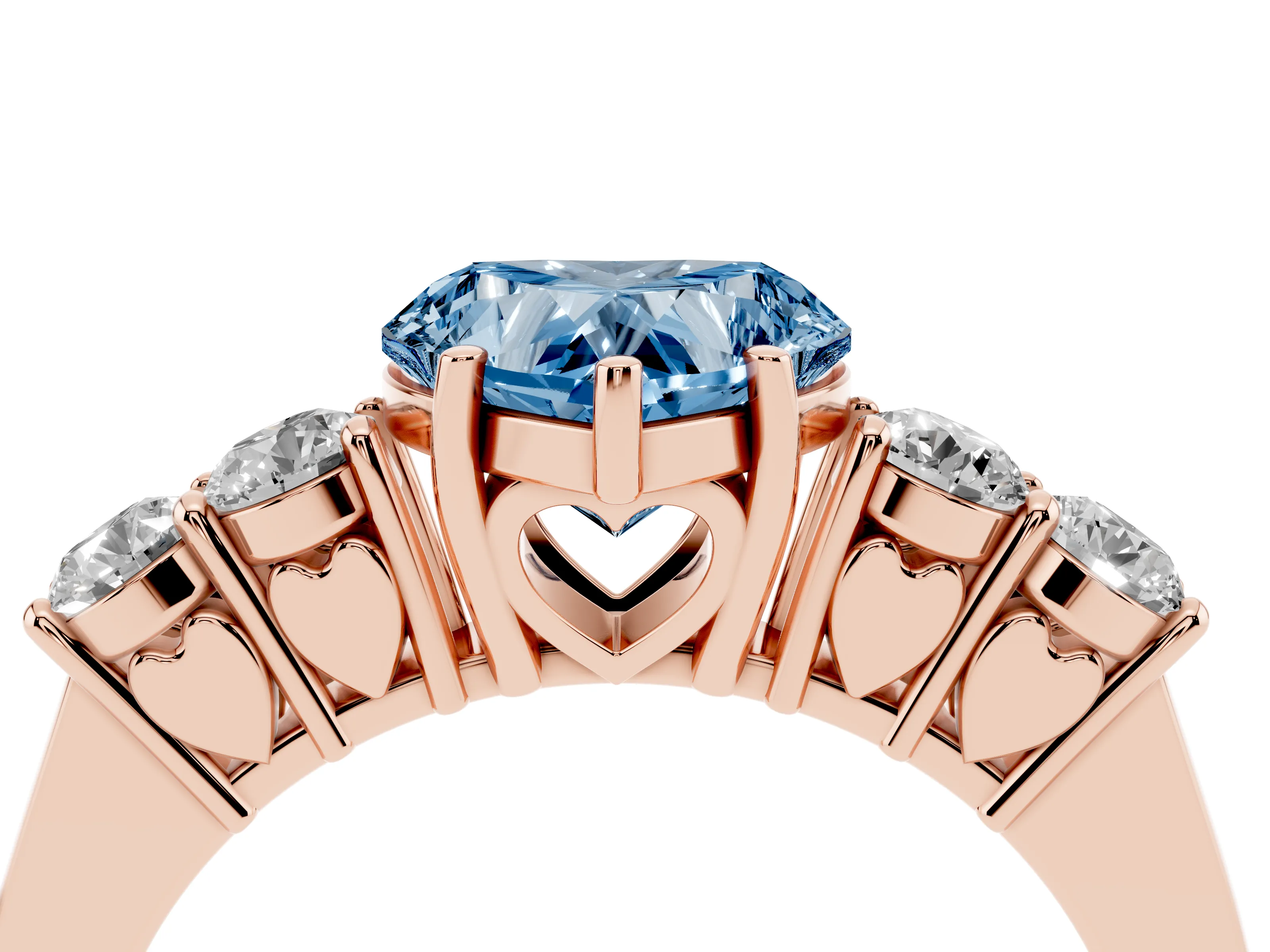 Fancy Blue Heart Cut Diamond Five-Stone Prong Set Band Ring Set in Rose gold with Polished Band