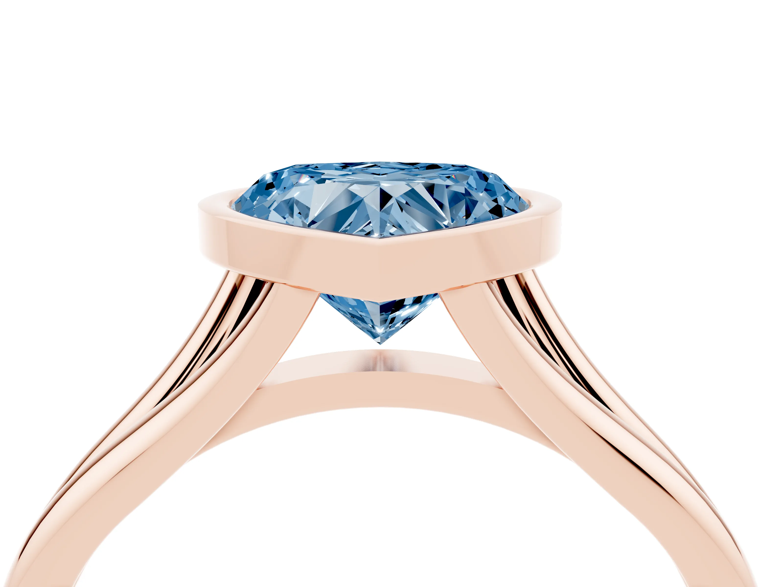Fancy Blue Bezel Set Heart Cut Diamond Solitaire Ring Set in Rose gold with Tapered Band