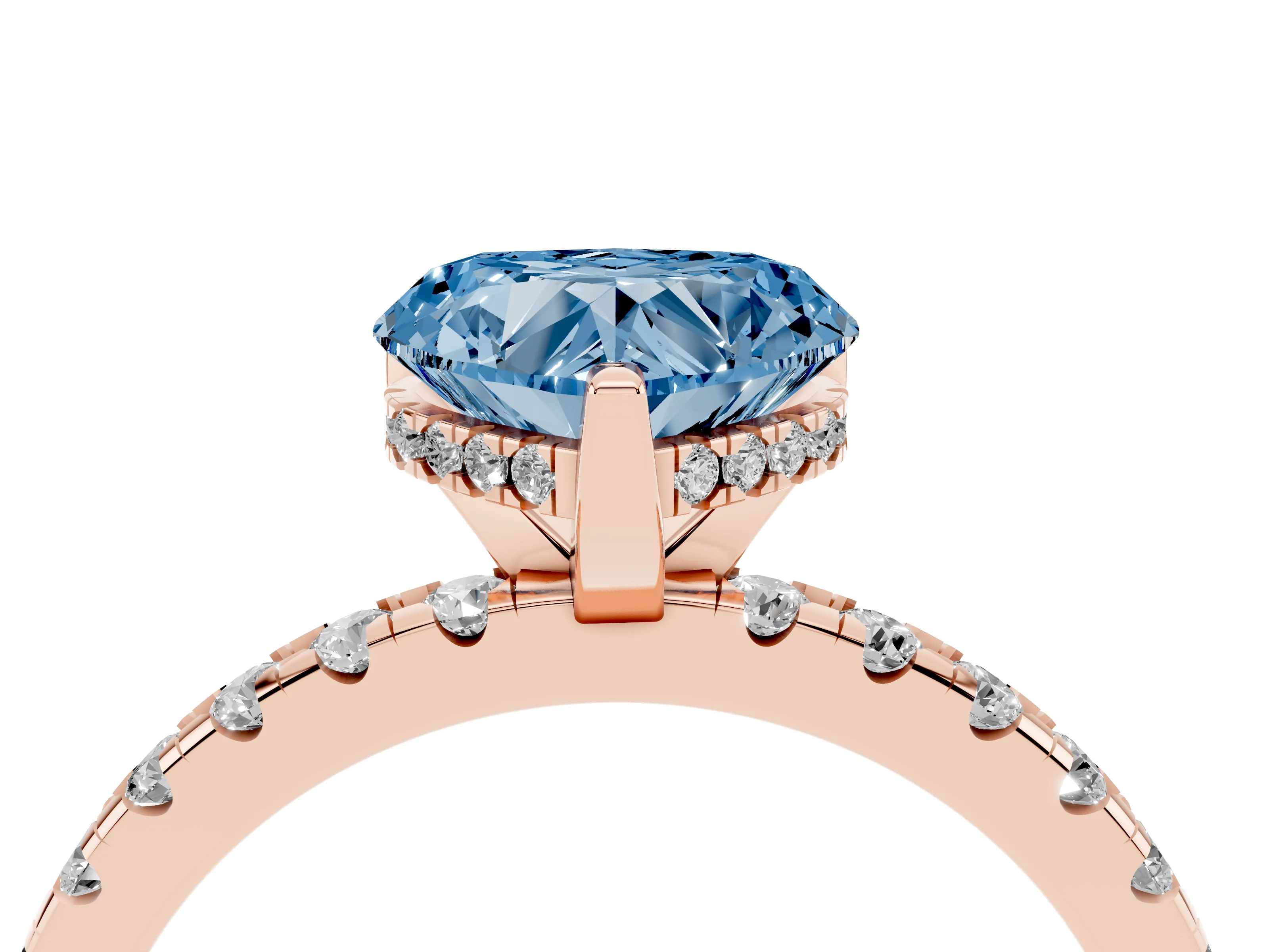 Fancy Blue Heart Cut Diamond Pavé Solitaire Ring Set in Rose gold with Round Band Accents and Prong Setting