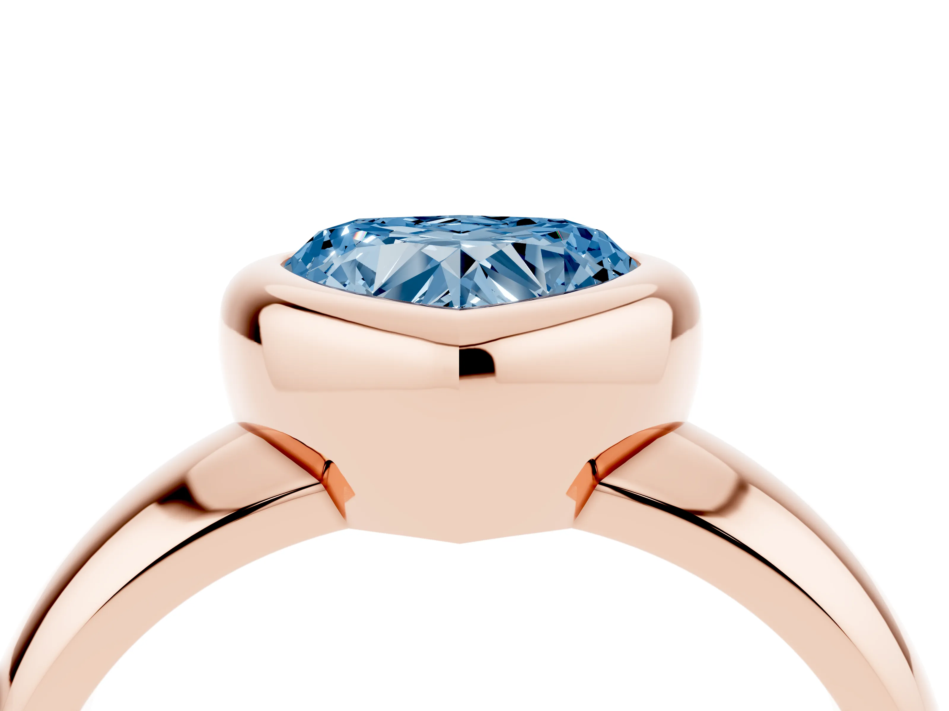 Fancy Blue Bezel Set Heart Cut Diamond Solitaire Ring Set in Rose gold with Wide Band