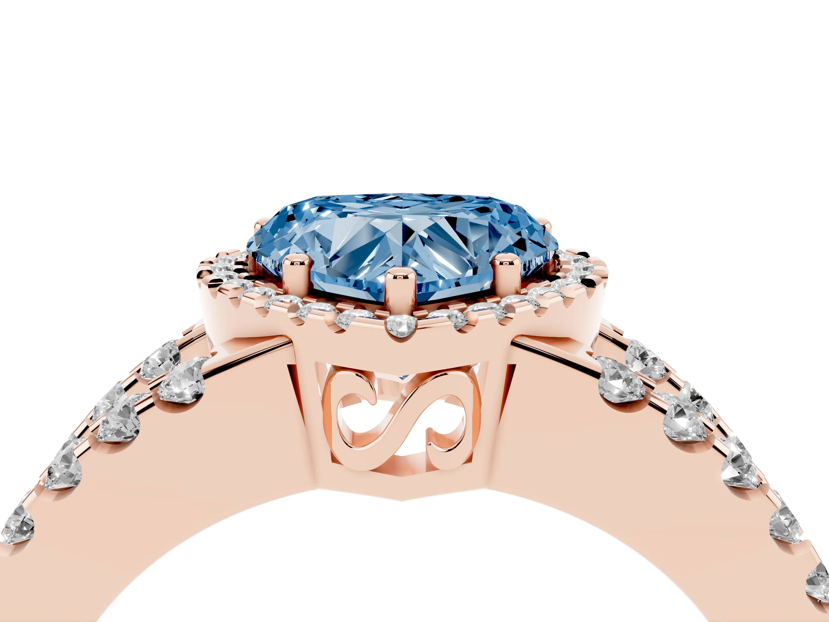 Fancy Blue Heart Cut Diamond Halo Ring Set in Rose gold with Pavé Split Shank and Prong Setting