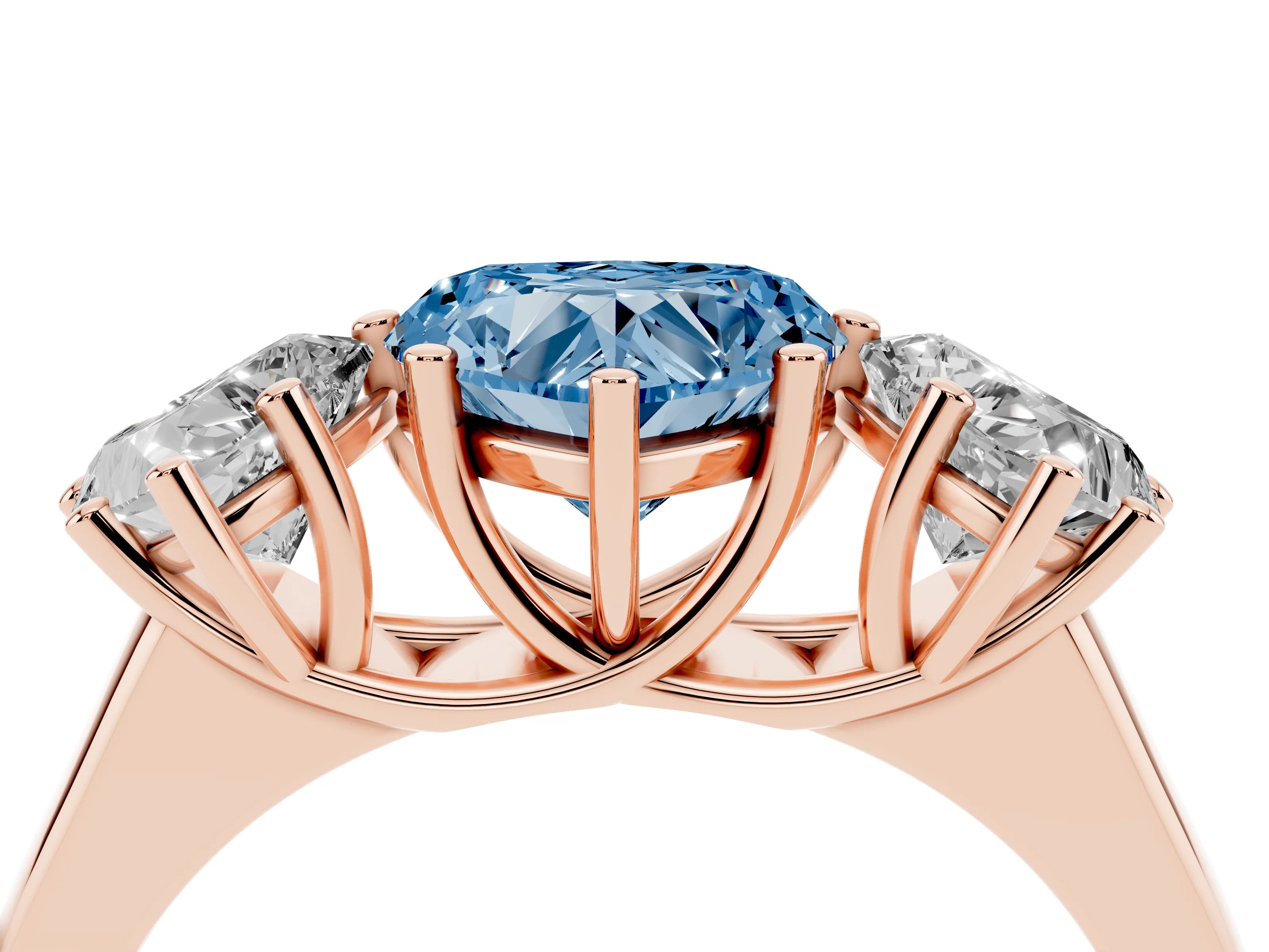Fancy Blue Heart Cut Diamond Three-Stone Ring Set in Rose gold with Plain Polished Band