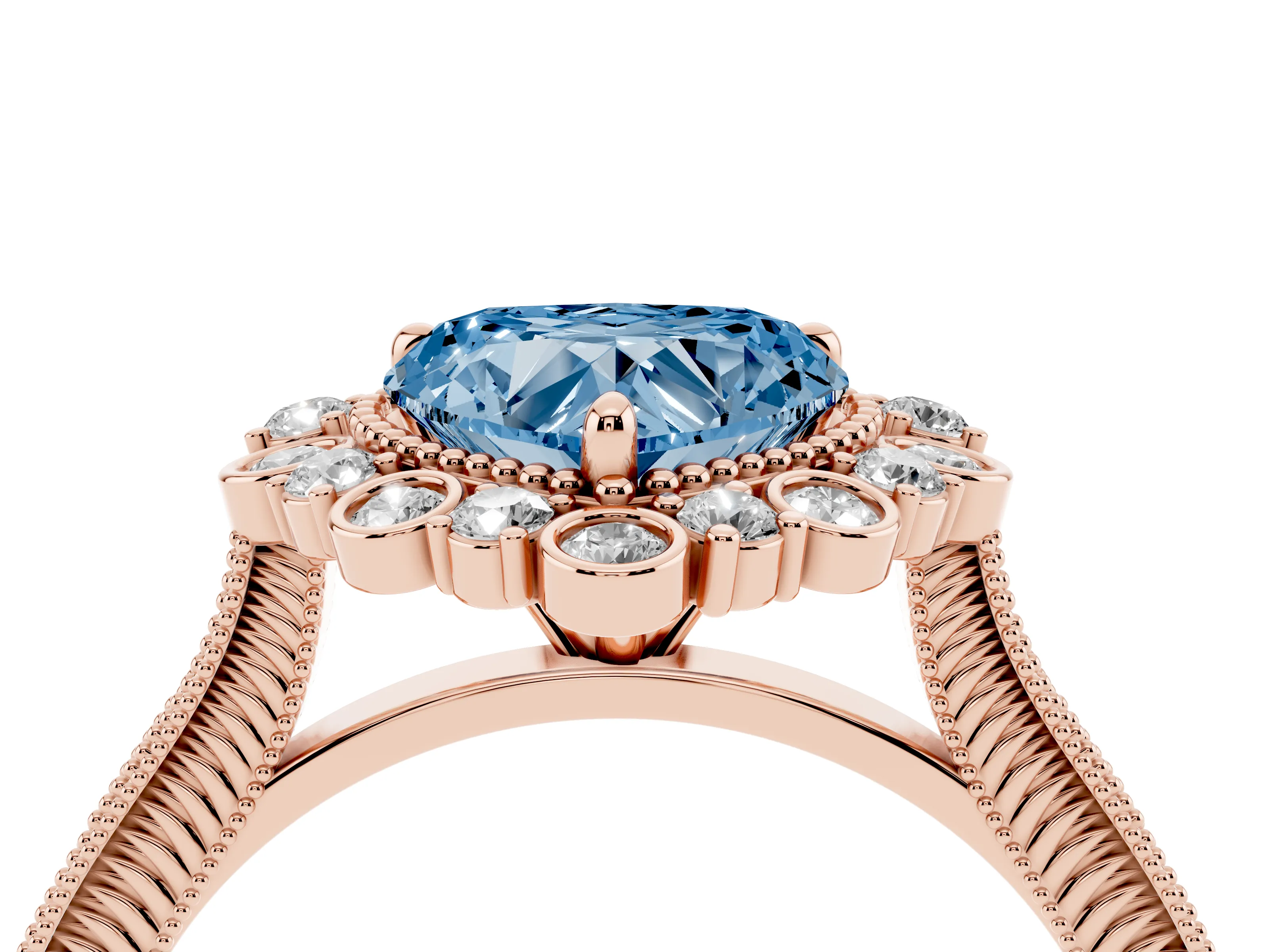 Fancy Blue Heart Cut Diamond Halo Milgrain Pavé Ring Set in Rose gold with Prong Setting