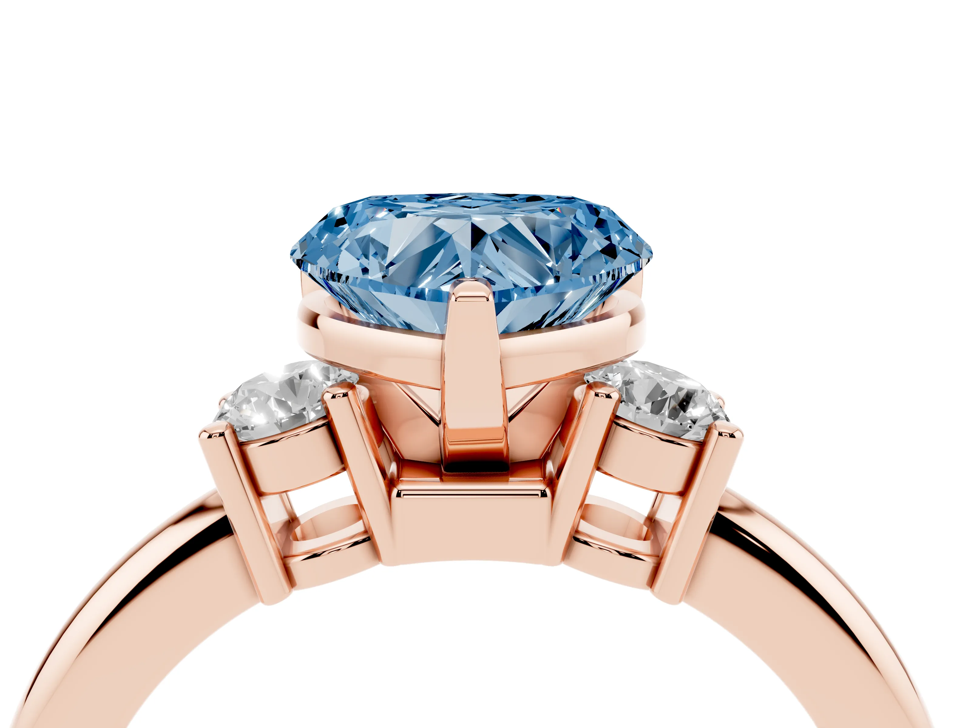Fancy Blue Three-Stone Heart Cut Diamond Ring Set in Rose gold with Prong Setting and Plain Band