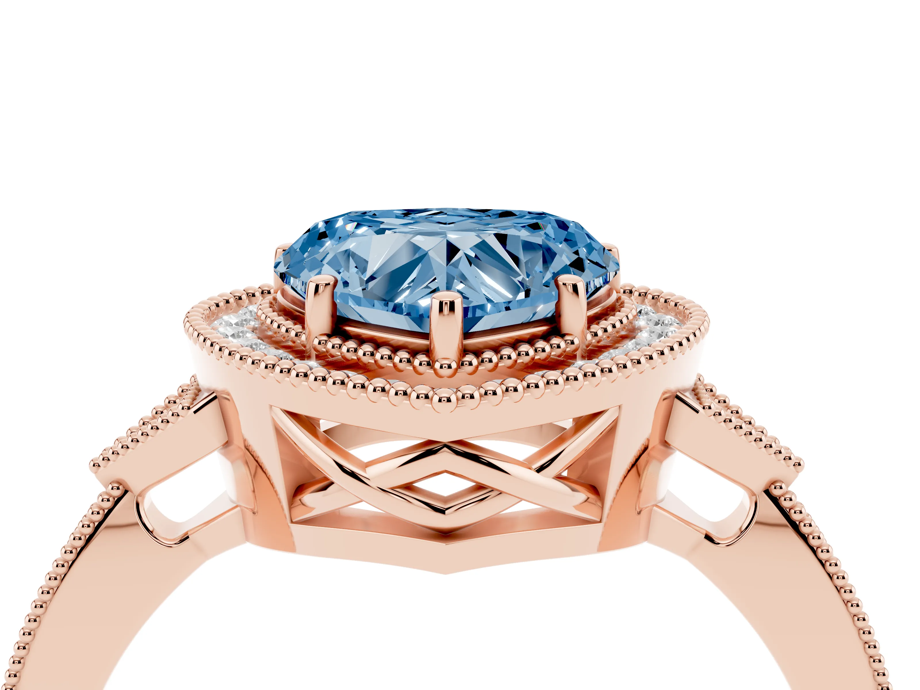 Fancy Blue Heart Cut Diamond Halo Engagement Ring Set in Rose gold with Milgrain Pavé Band