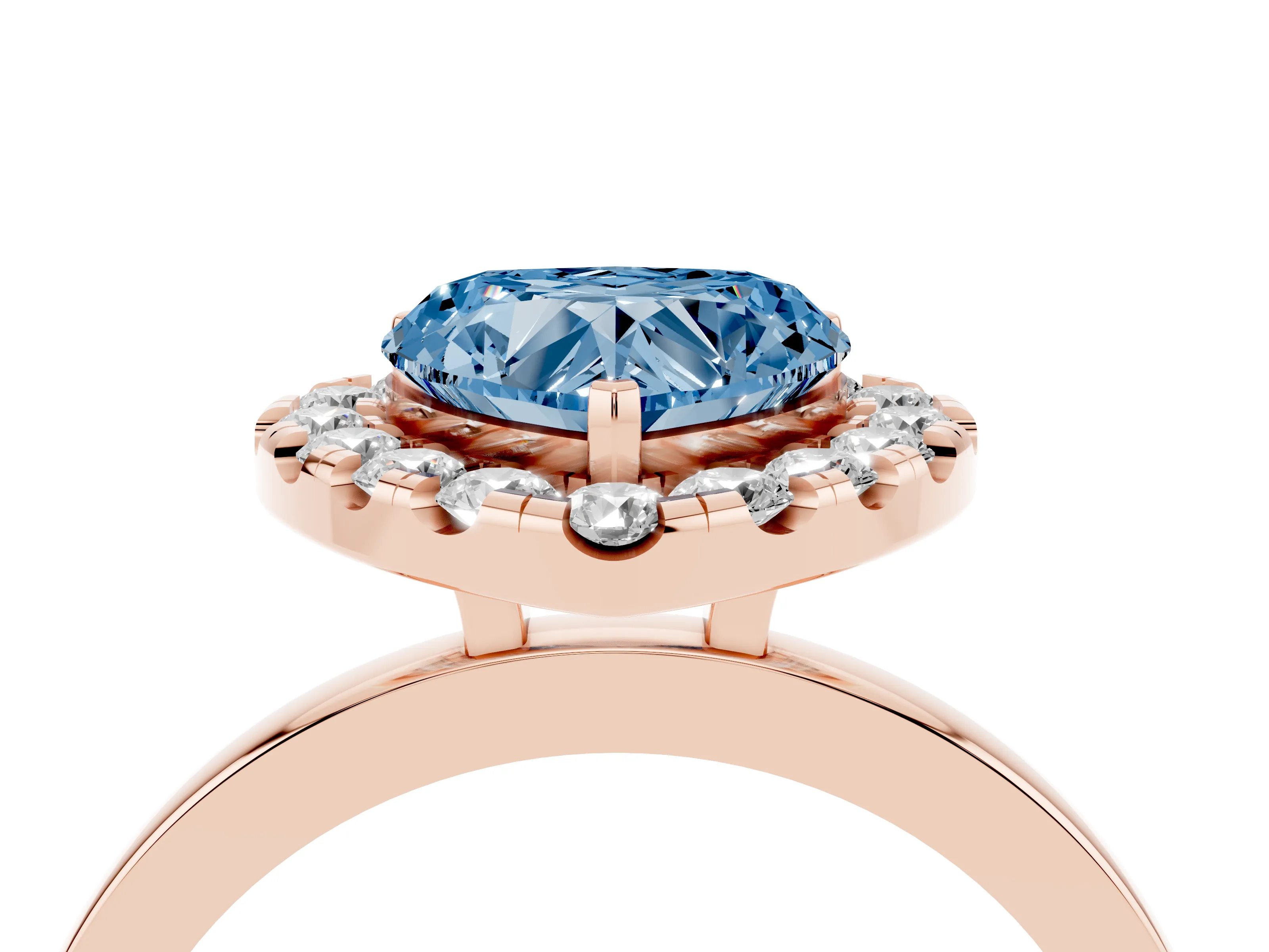 Fancy Blue Heart Cut Diamond Halo Solitaire Ring Set in Rose gold with Pavé Band and Prong Setting