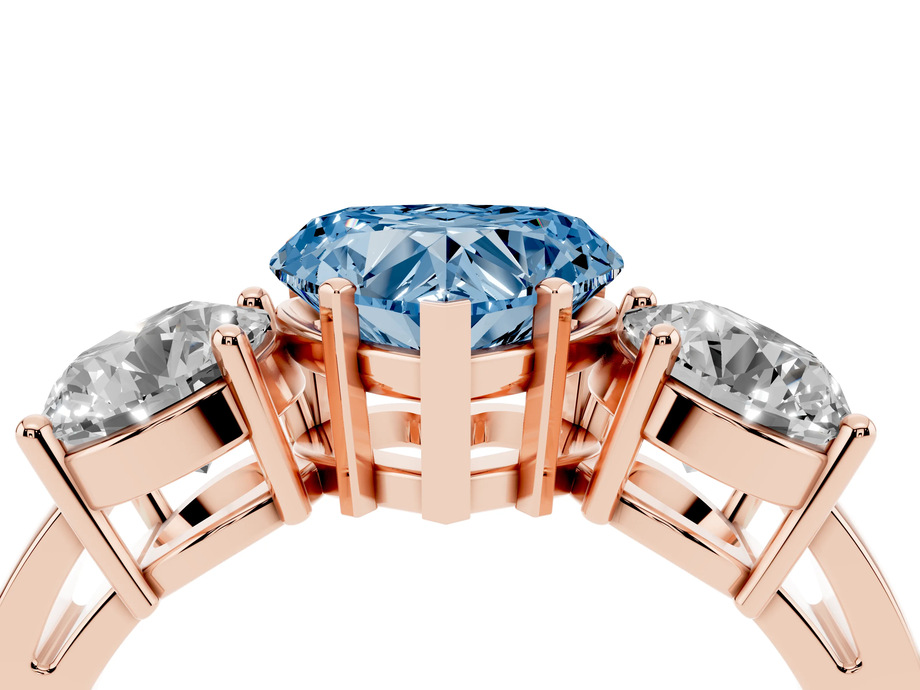 Fancy Blue Heart Cut Diamond Three-Stone Ring Set in Rose gold with Round Side Stones and Classic Band