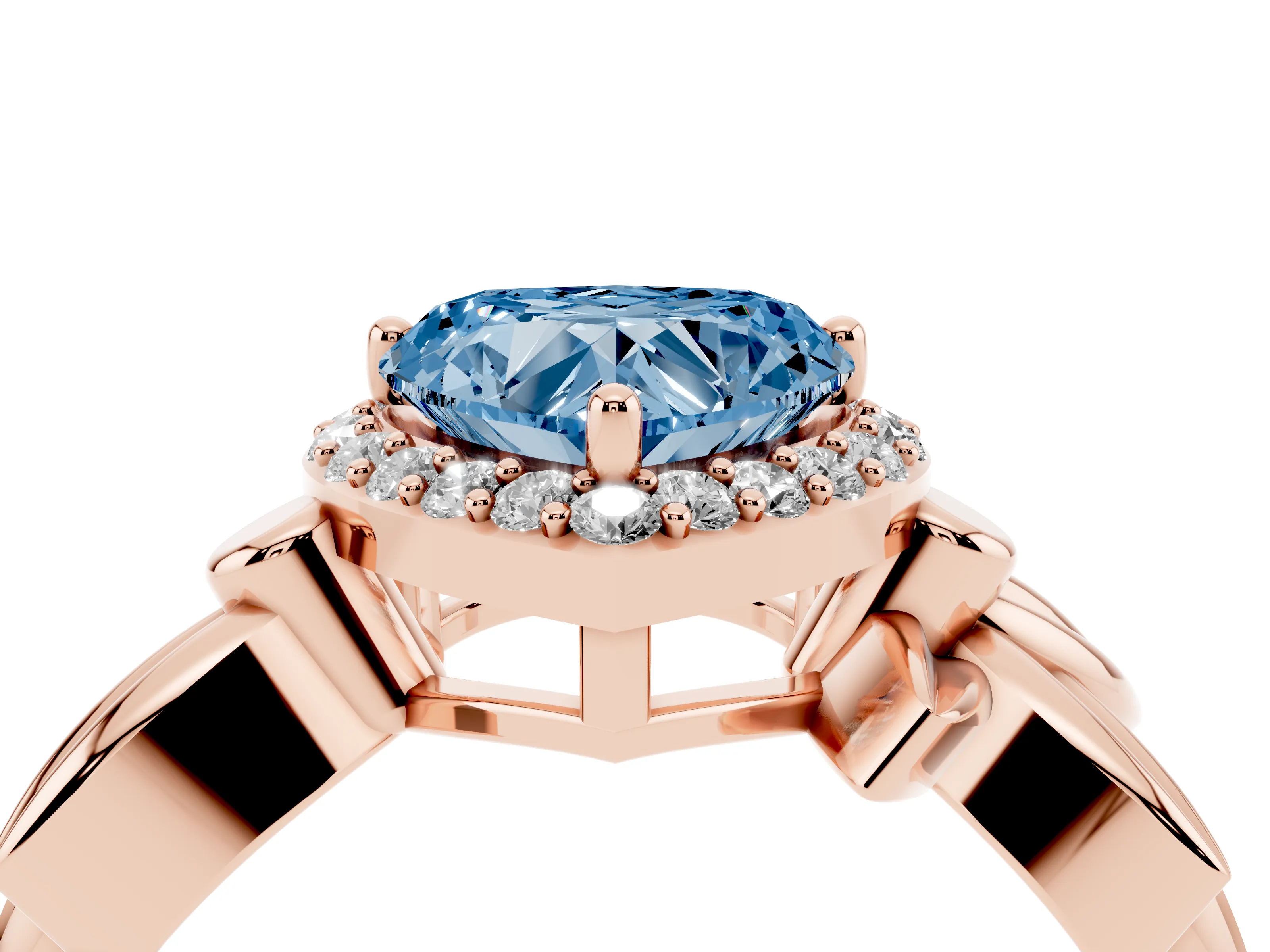 Fancy Blue Heart Cut Diamond Halo Floral Band Ring Set in Rose gold with Prong Setting