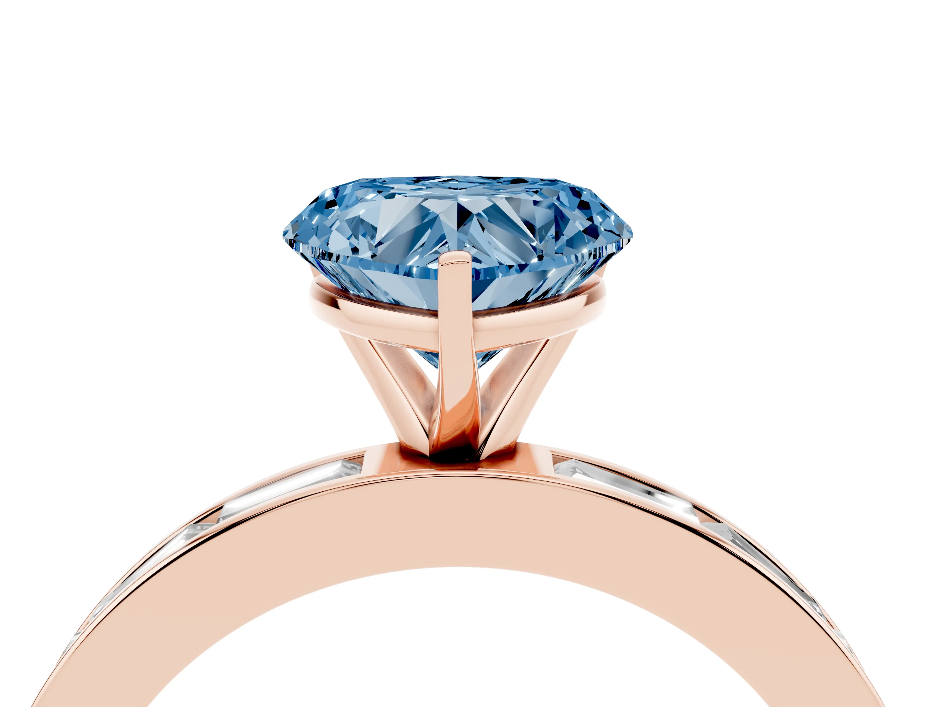 Fancy Blue Heart Cut Diamond Solitaire Ring Set in Rose gold with Channel-Set Baguette Band and Prong Setting