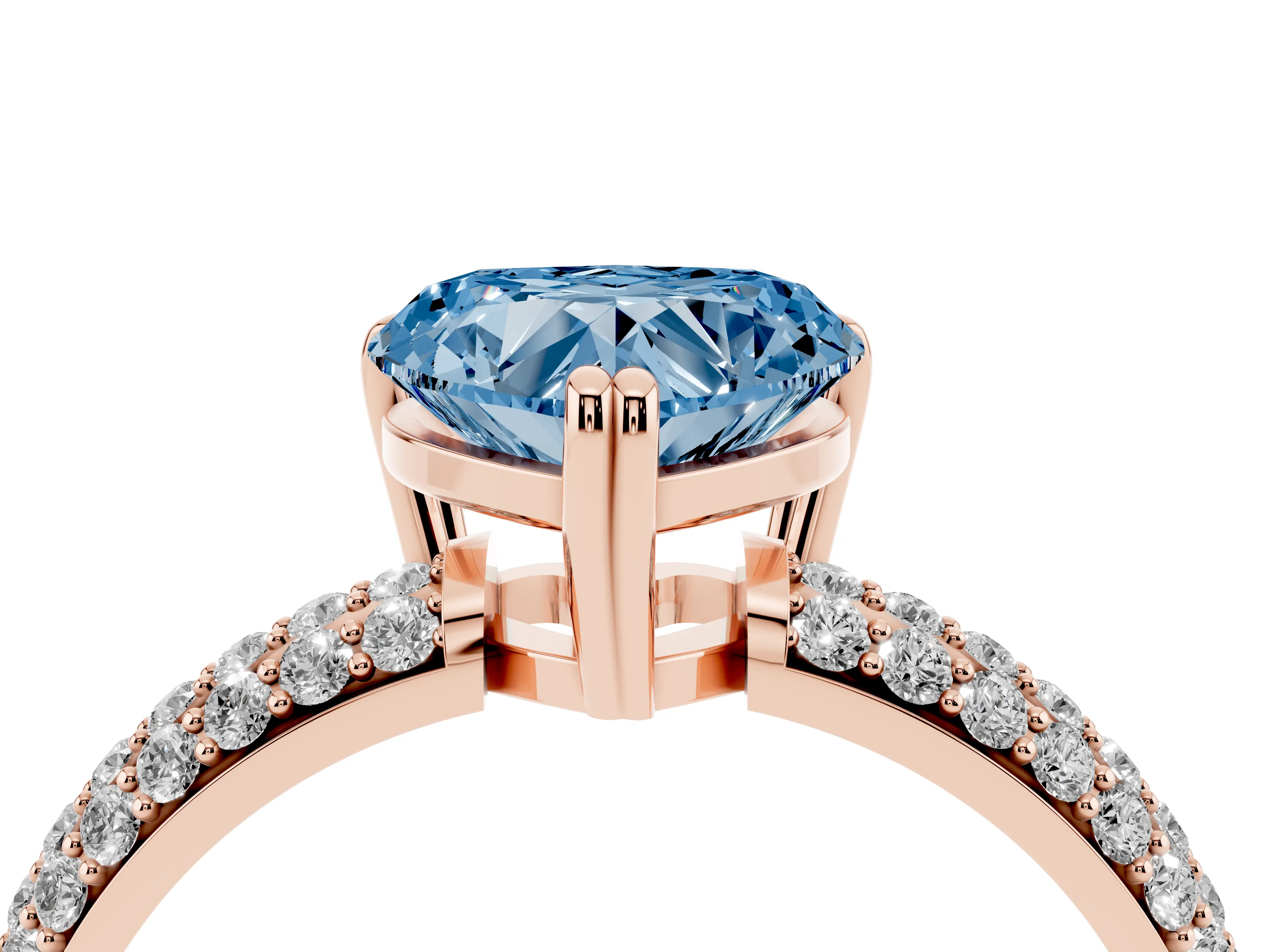Fancy Blue Heart Cut Diamond Solitaire Ring Set in Rose gold with Multi-Row Round Pavé Band and Prong Setting
