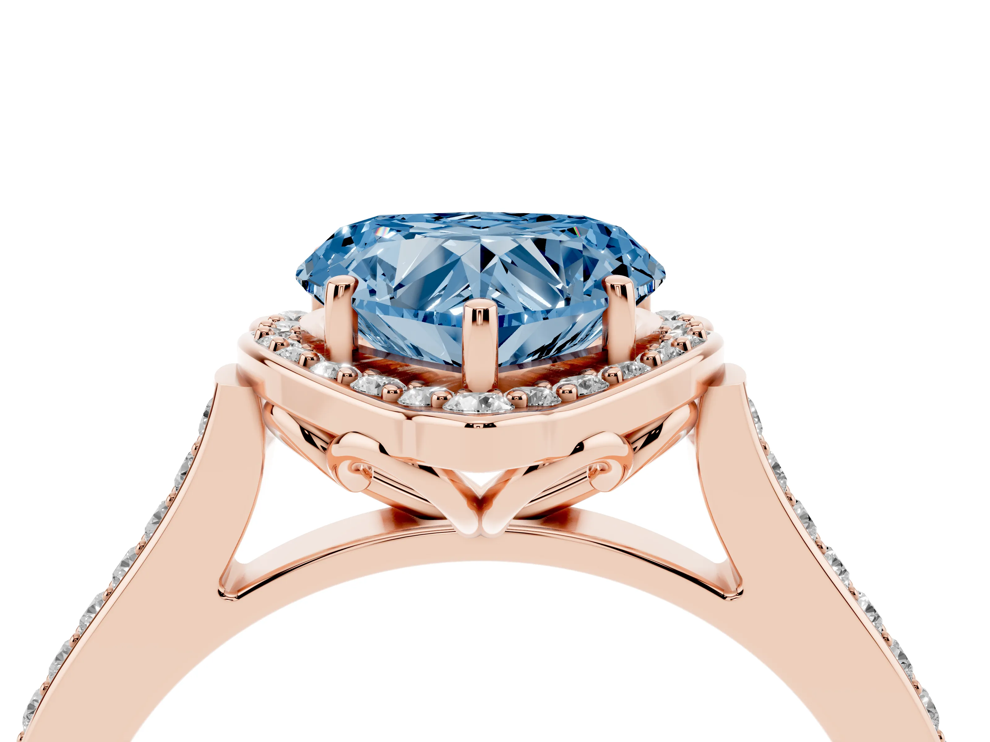 Fancy Blue Heart Cut Diamond Halo Ring Set in Rose gold with Pavé-Lined Shoulders and Prong Setting