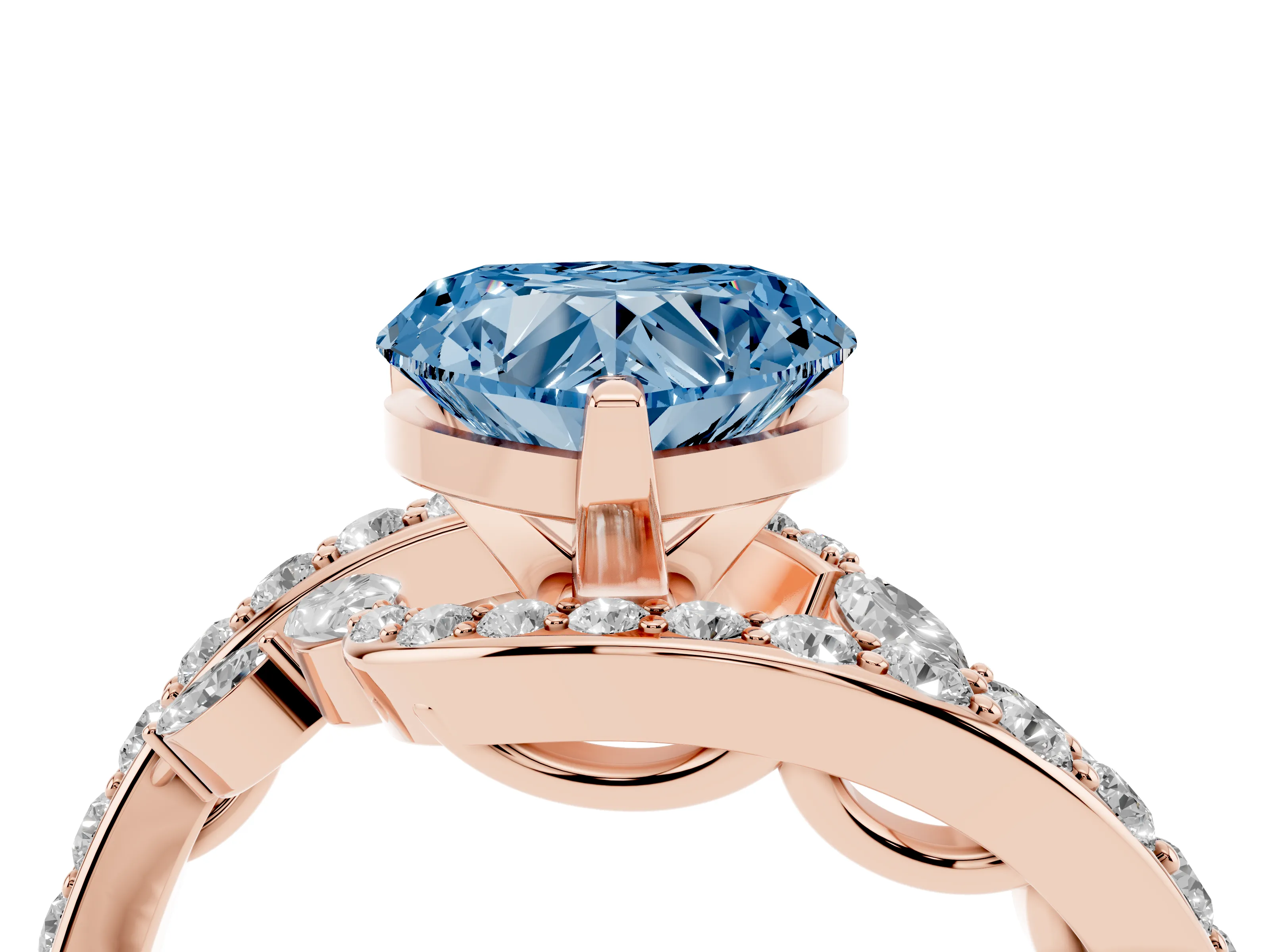 Fancy Blue Heart Cut Diamond Solitaire Ring Set in Rose gold with Pavé Twist Band and Secure Prong Setting