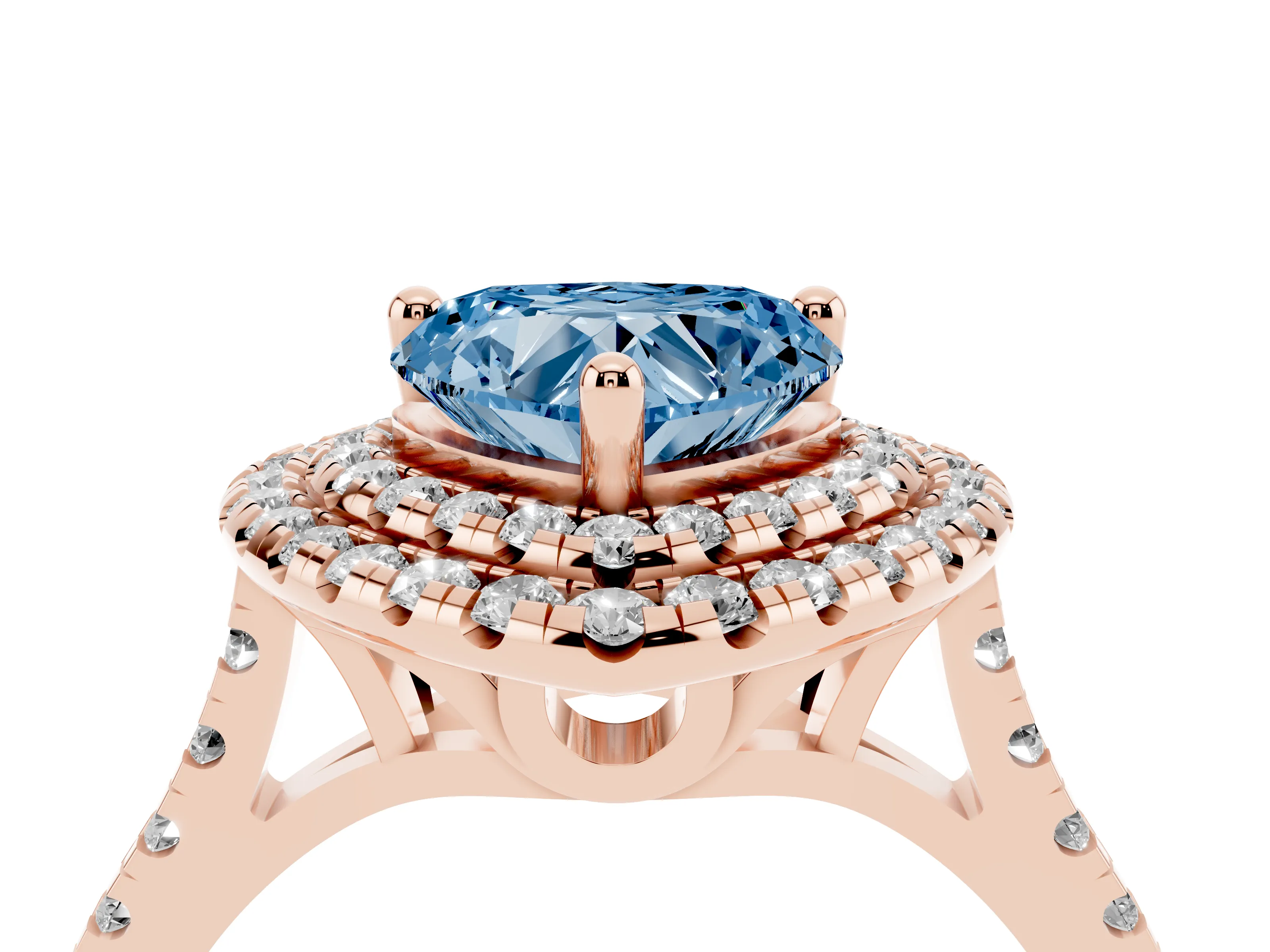 Fancy Blue Heart Cut Diamond Double Halo Statement Ring Set in Rose gold with Pavé Band