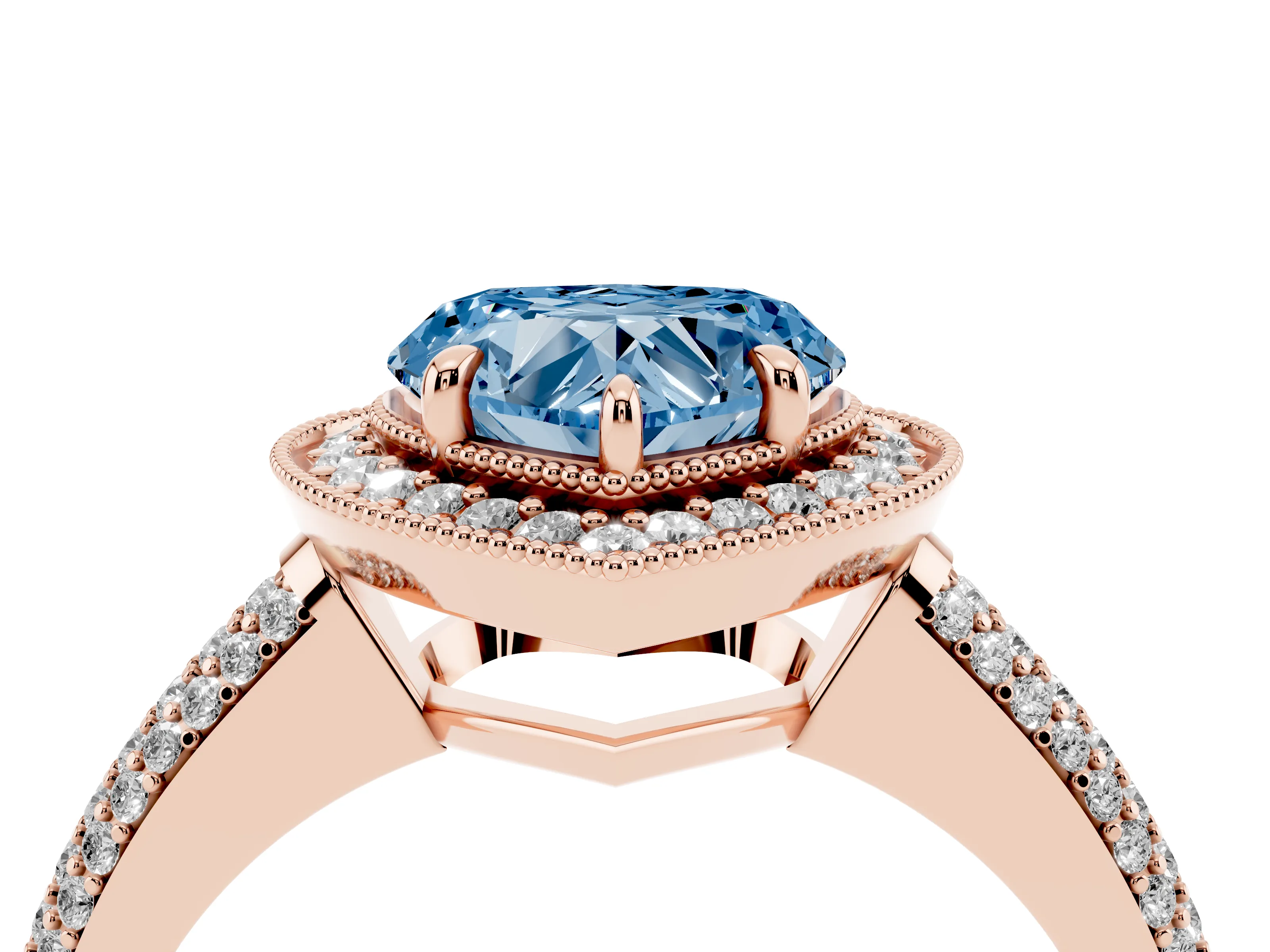 Fancy Blue Heart Cut Diamond Halo Pavé Band Set in Rose gold with Prong Setting