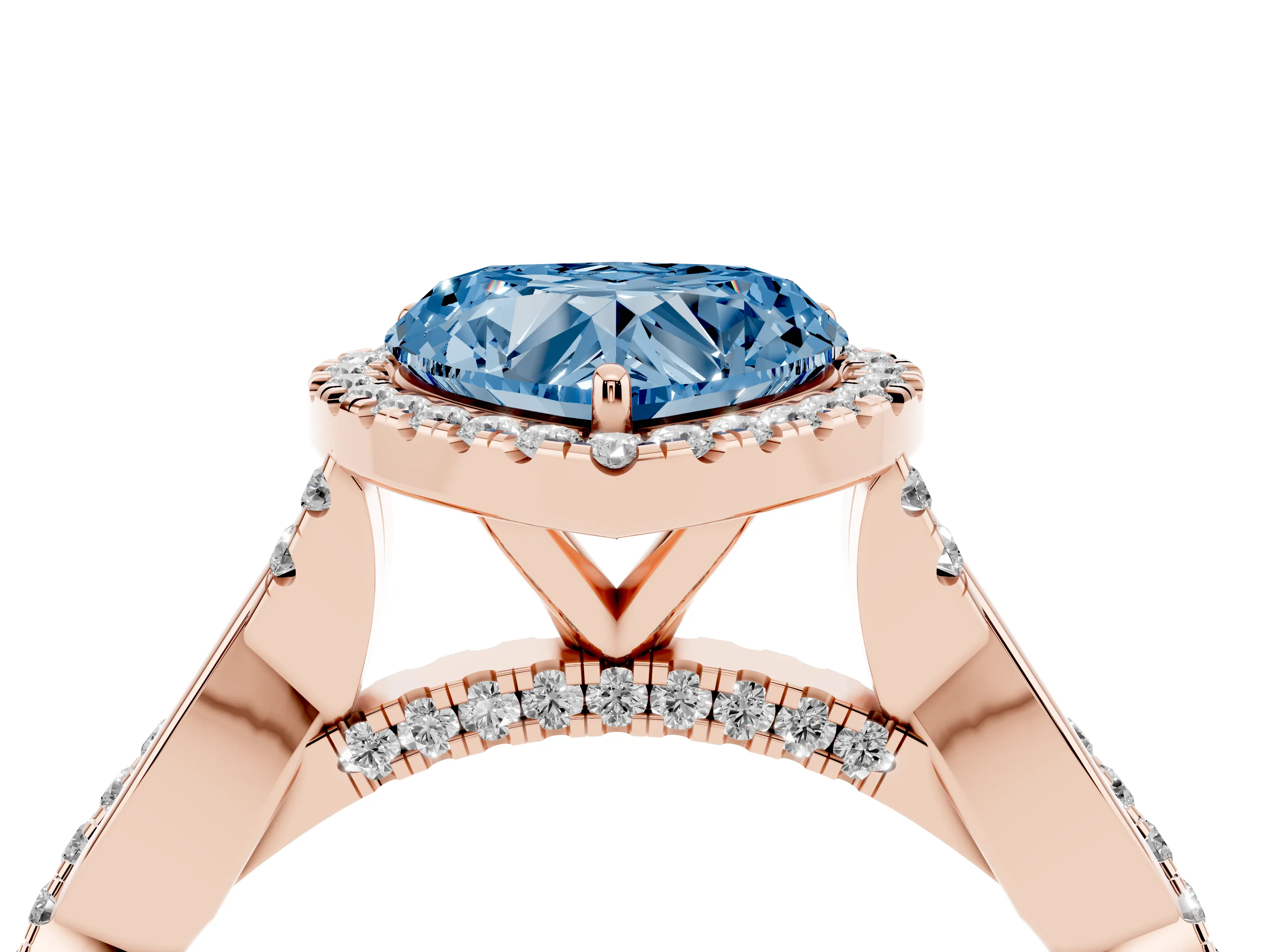 Fancy Blue Heart Cut Diamond Halo Twist Band Solitaire Ring Set in Rose gold with Prong Setting