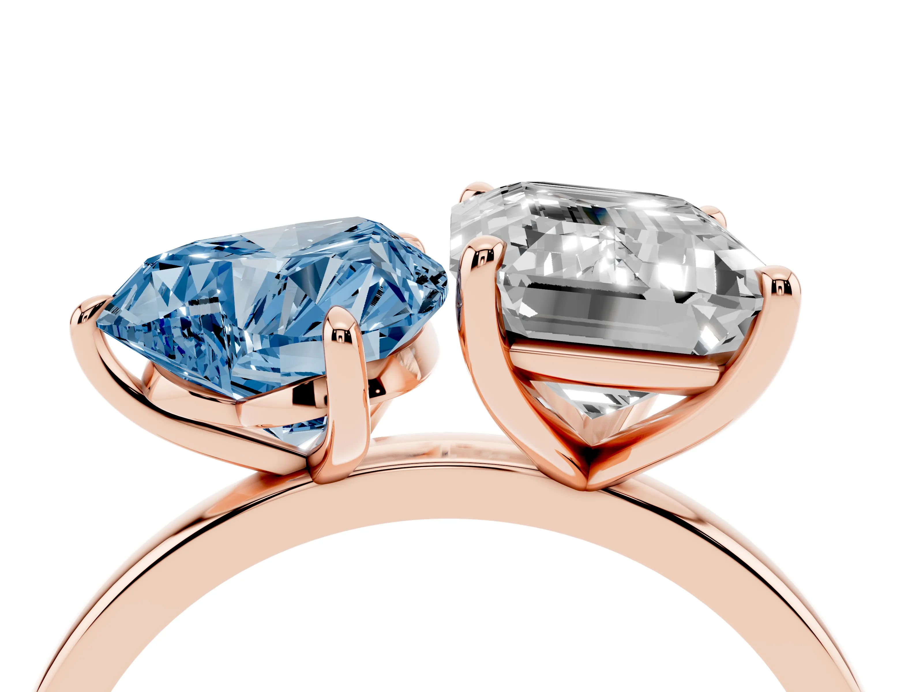 Fancy Blue Heart Cut and Emerald Cut Toi Moi Ring Set in Rose gold with Prong Setting
