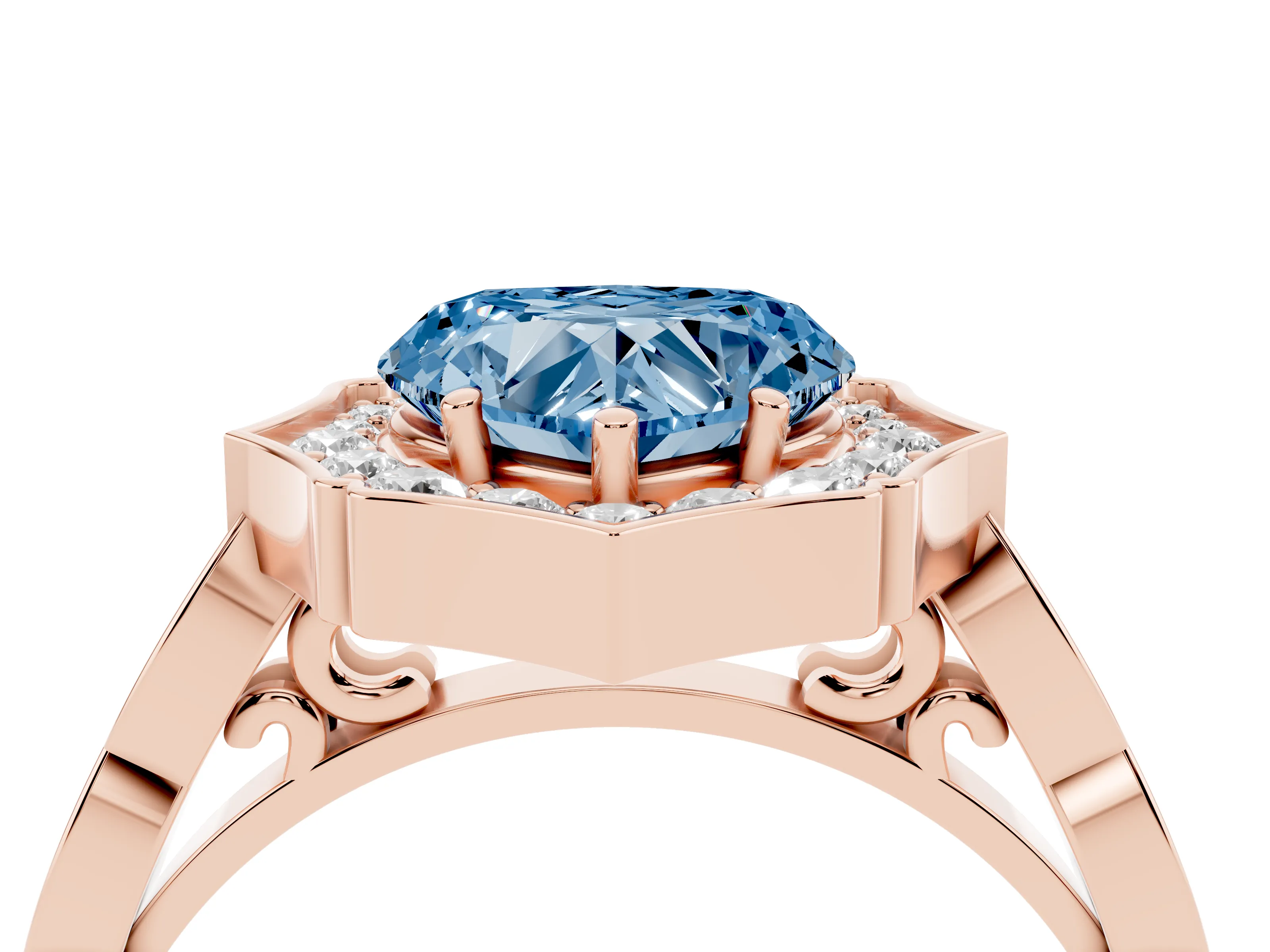 Fancy Blue Heart Cut Diamond Halo Engagement Ring Set in Rose gold with Milgrain Band and Prong Setting