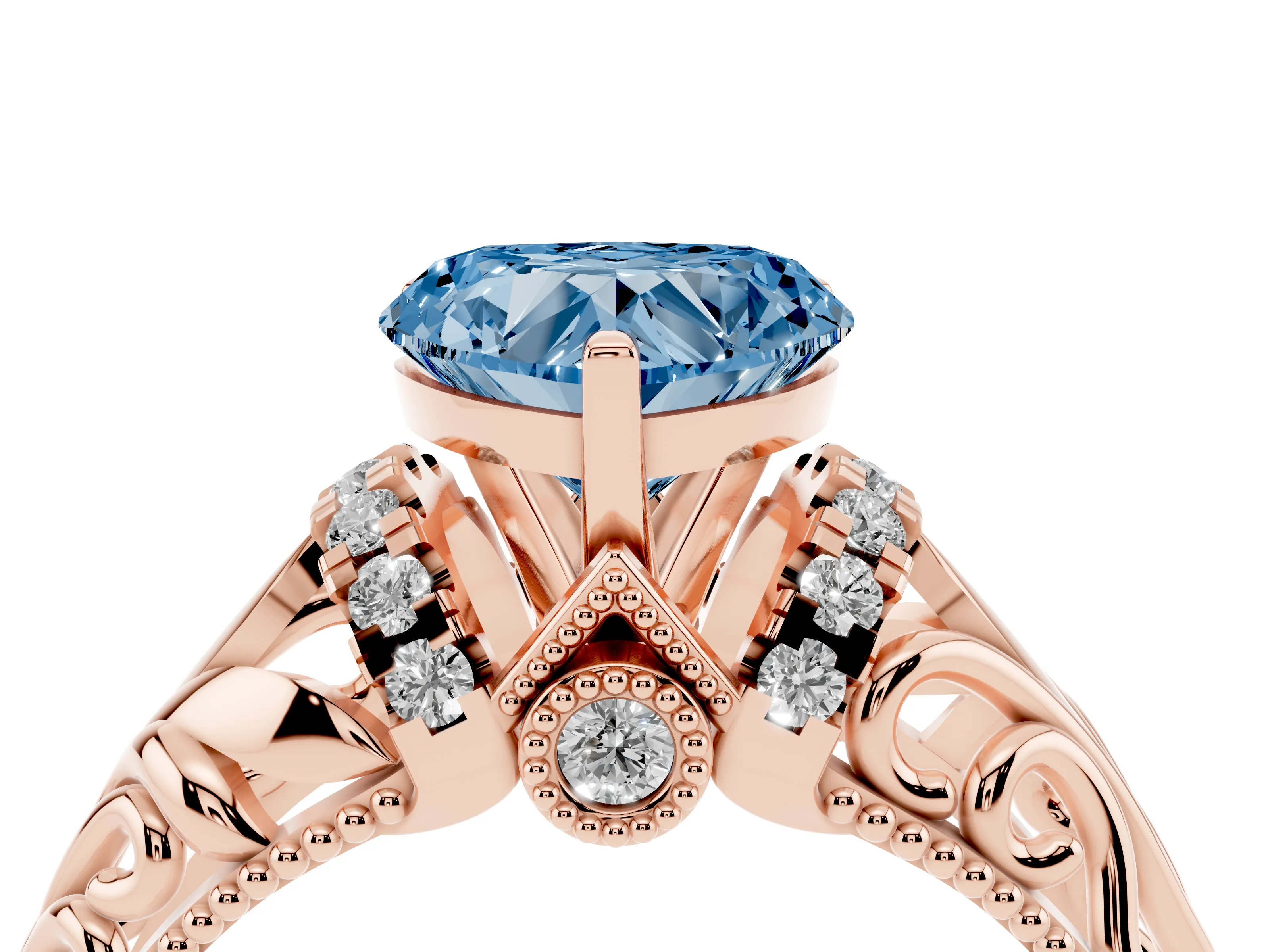 Fancy Blue Heart Cut Diamond Filigree Halo Engagement Ring Set in Rose gold with Prong Setting
