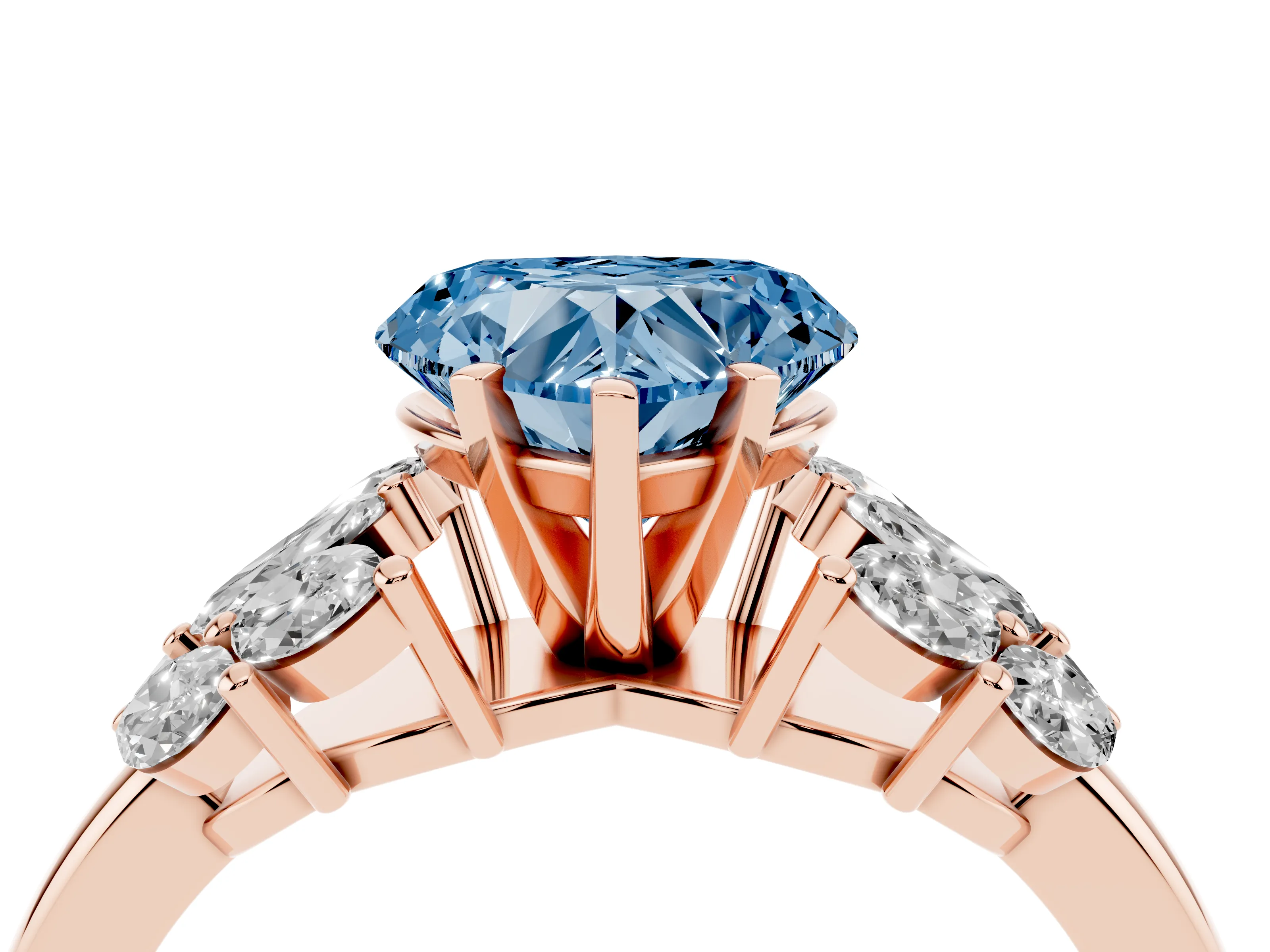 Fancy Blue Heart Cut Diamond Cluster Leaf Design Ring Set in Rose gold with Prong Setting