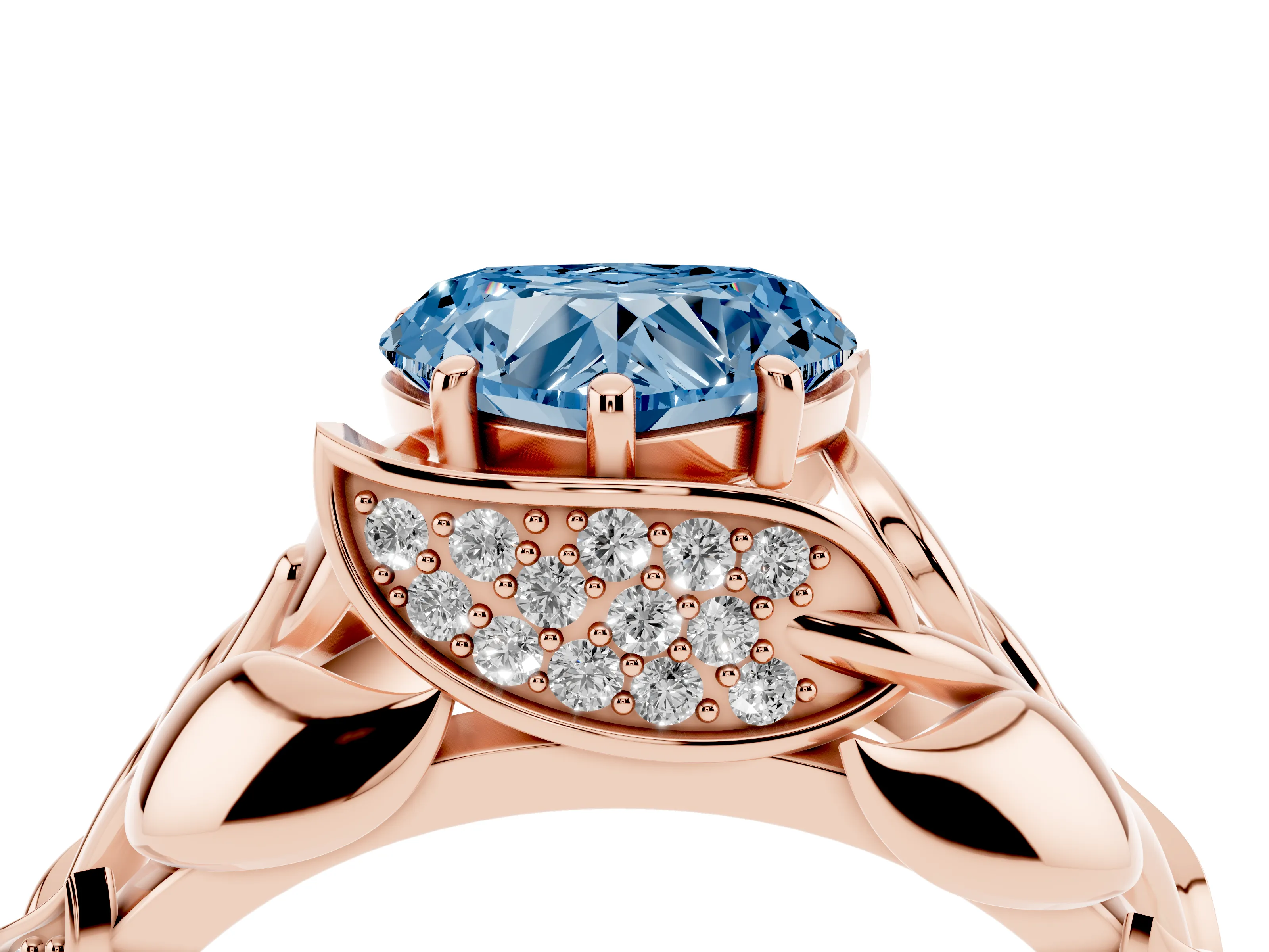 Fancy Blue Heart Cut Diamond Leaf-Inspired Engagement Ring Set in Rose gold with Round Accents
