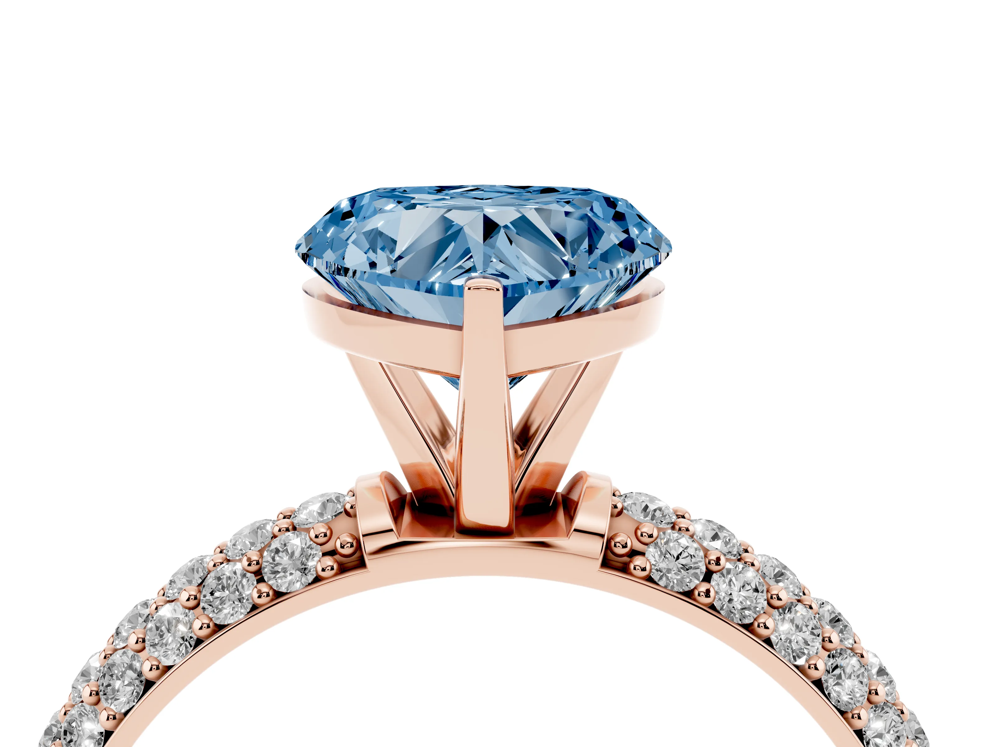 Fancy Blue Heart Cut Diamond Solitaire Ring Set in Rose gold with Prong Setting and Pavé-Set Band