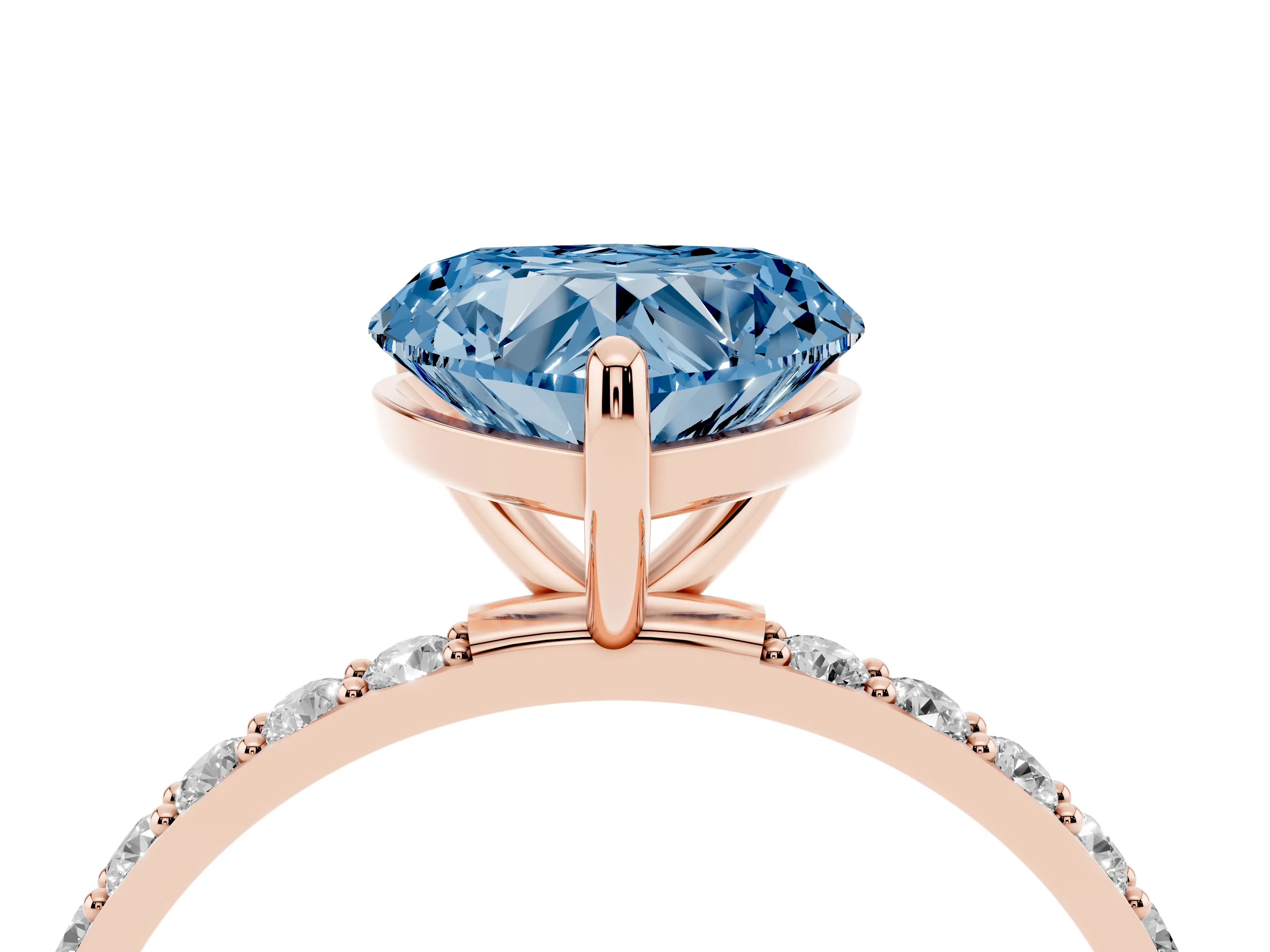 Fancy Blue Heart Cut Diamond Solitaire Ring Set in Rose gold with Round Pavé Band and Prong Setting