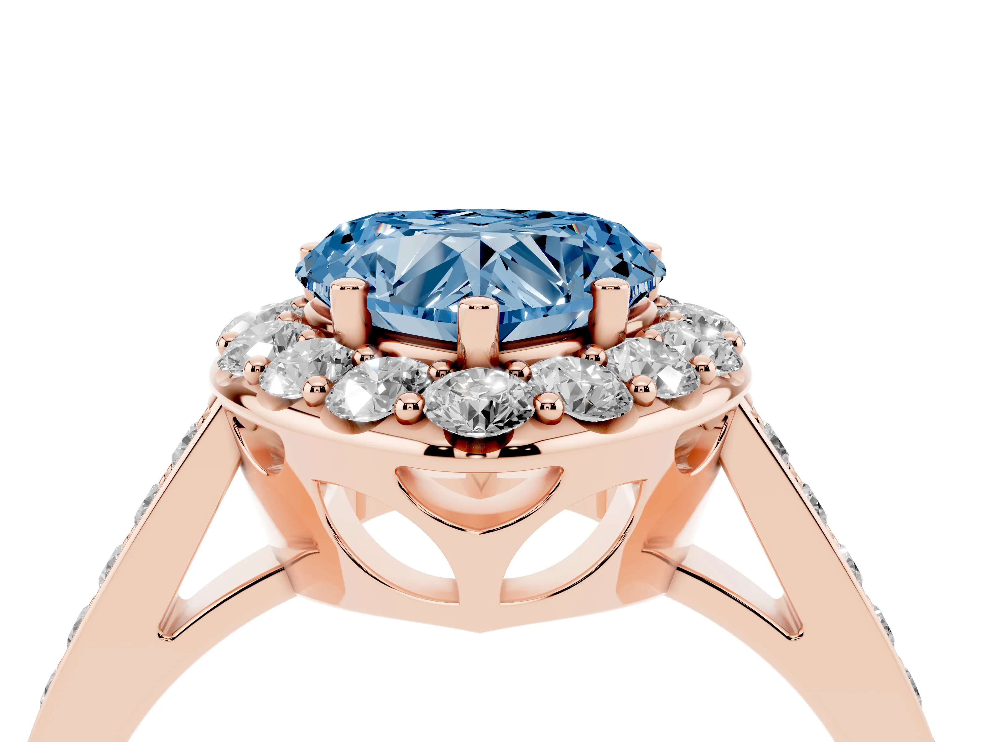 Fancy Blue Heart Cut Diamond Floral Halo Ring Set in Rose gold with Pavé Band and Prong Setting