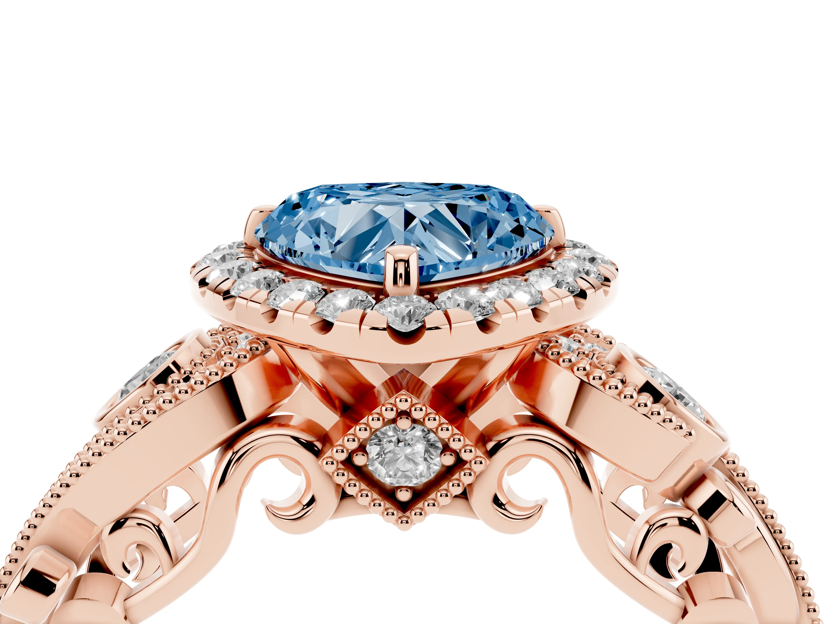 Fancy Blue Heart Cut Diamond Halo Ring Set in Rose gold with Milgrain Pavé Band and Prong Setting