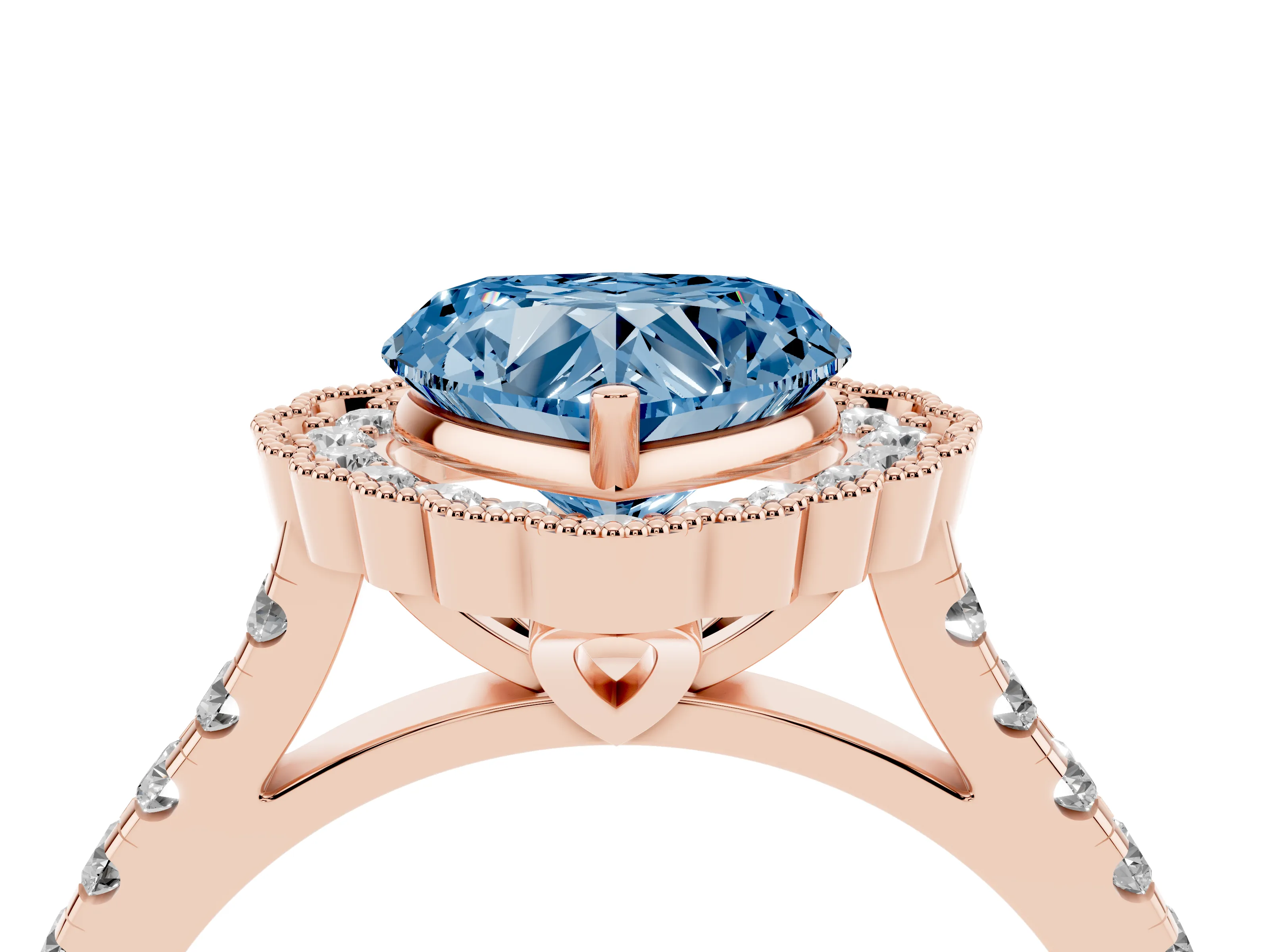 Fancy Blue Heart Cut Diamond Milgrain Floral Halo Engagement Ring Set in Rose gold with Pavé Band