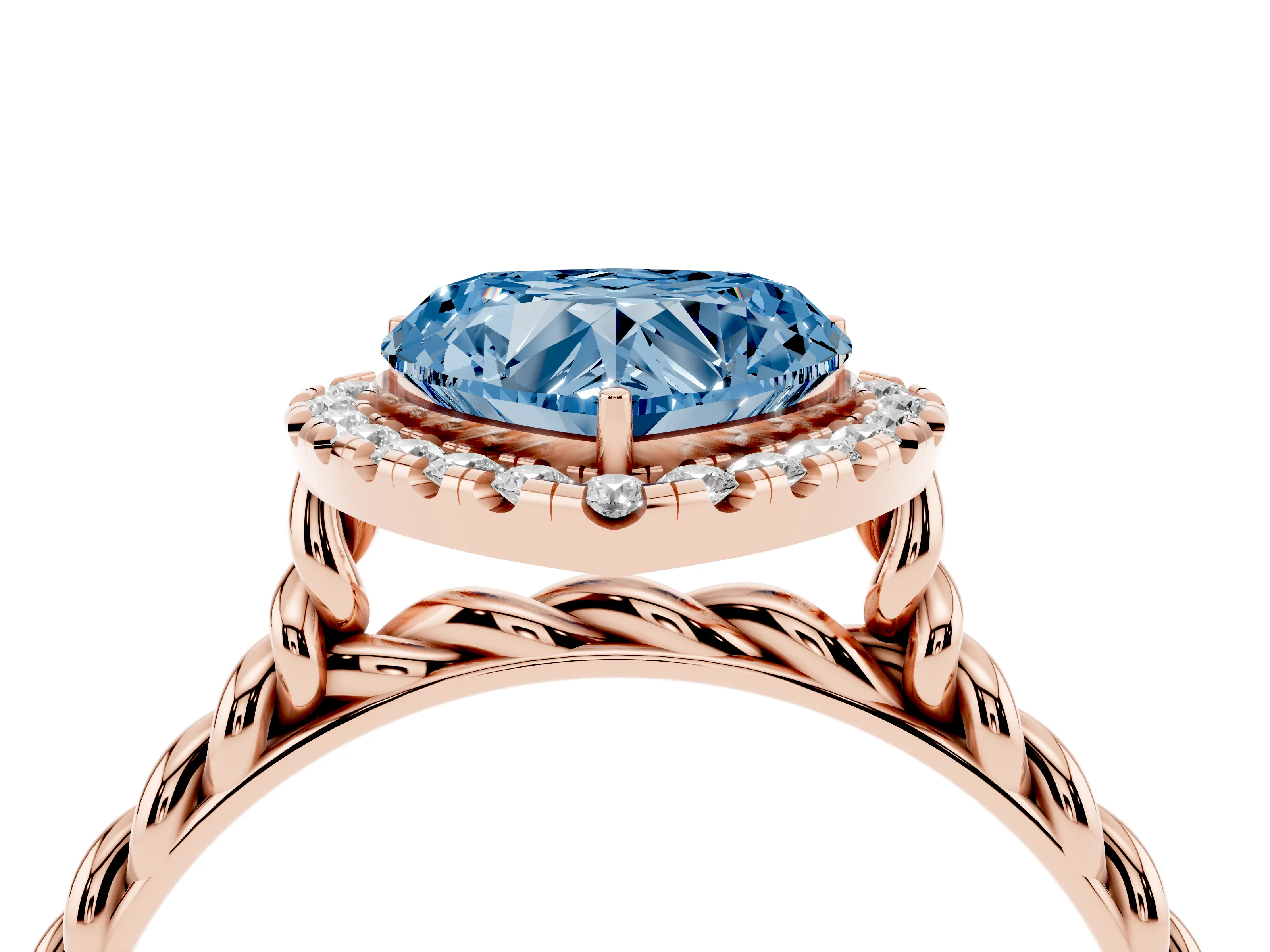 Fancy Blue Heart Cut Diamond Halo Ring Set in Rose gold with Plain Twisted Band