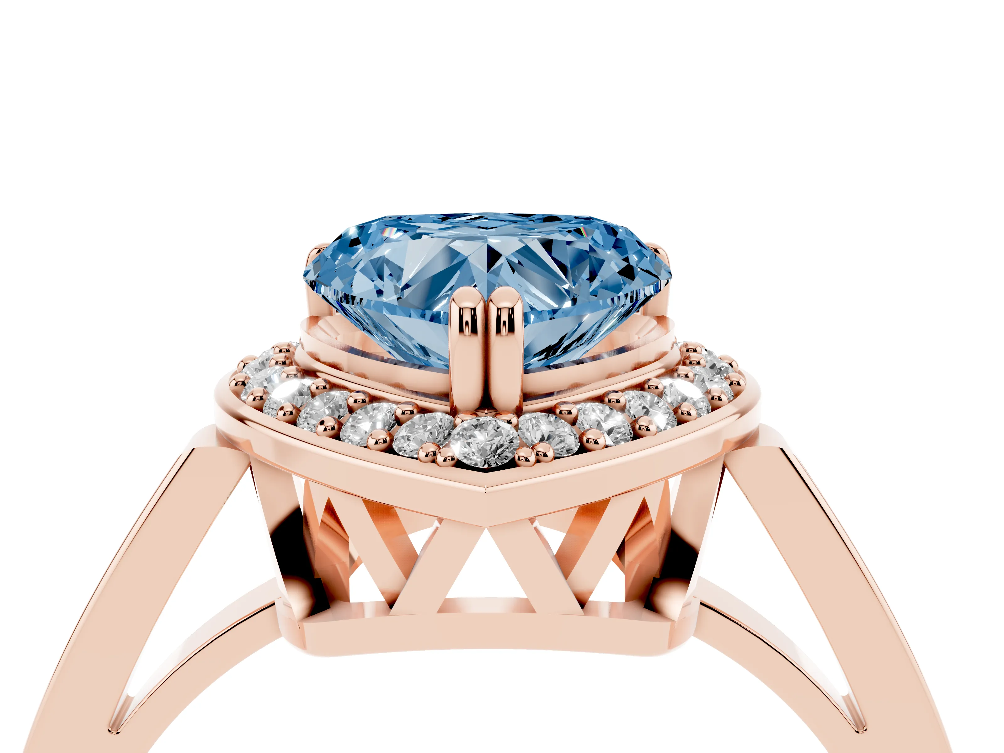 Fancy Blue Heart Cut Diamond Halo Ring Set in Rose gold with Accent-Lined Split Shank and Prong Setting