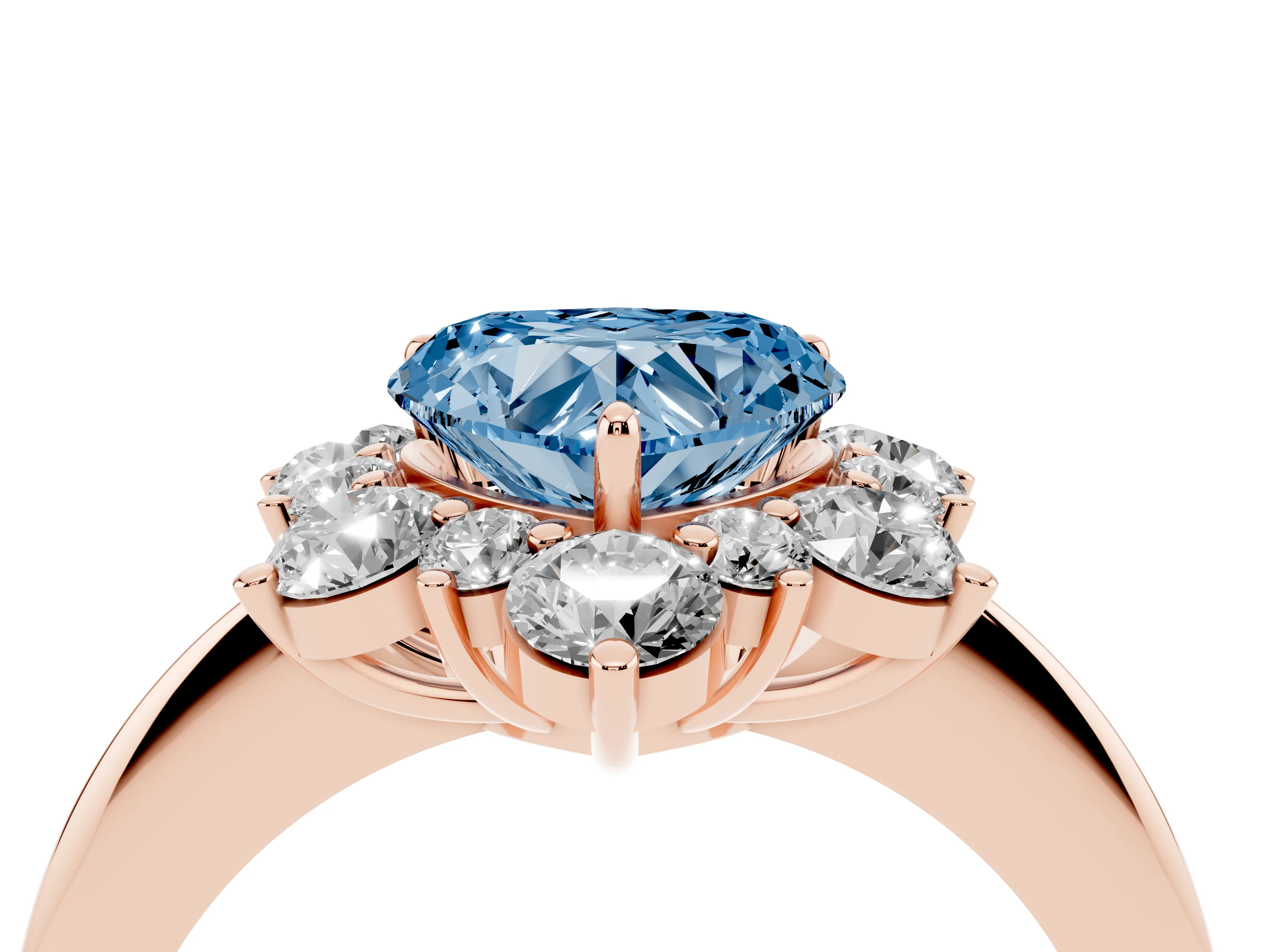 Fancy Blue Heart Cut Diamond Cluster Halo Ring Set in Rose gold with Solitaire Band and Prong Setting