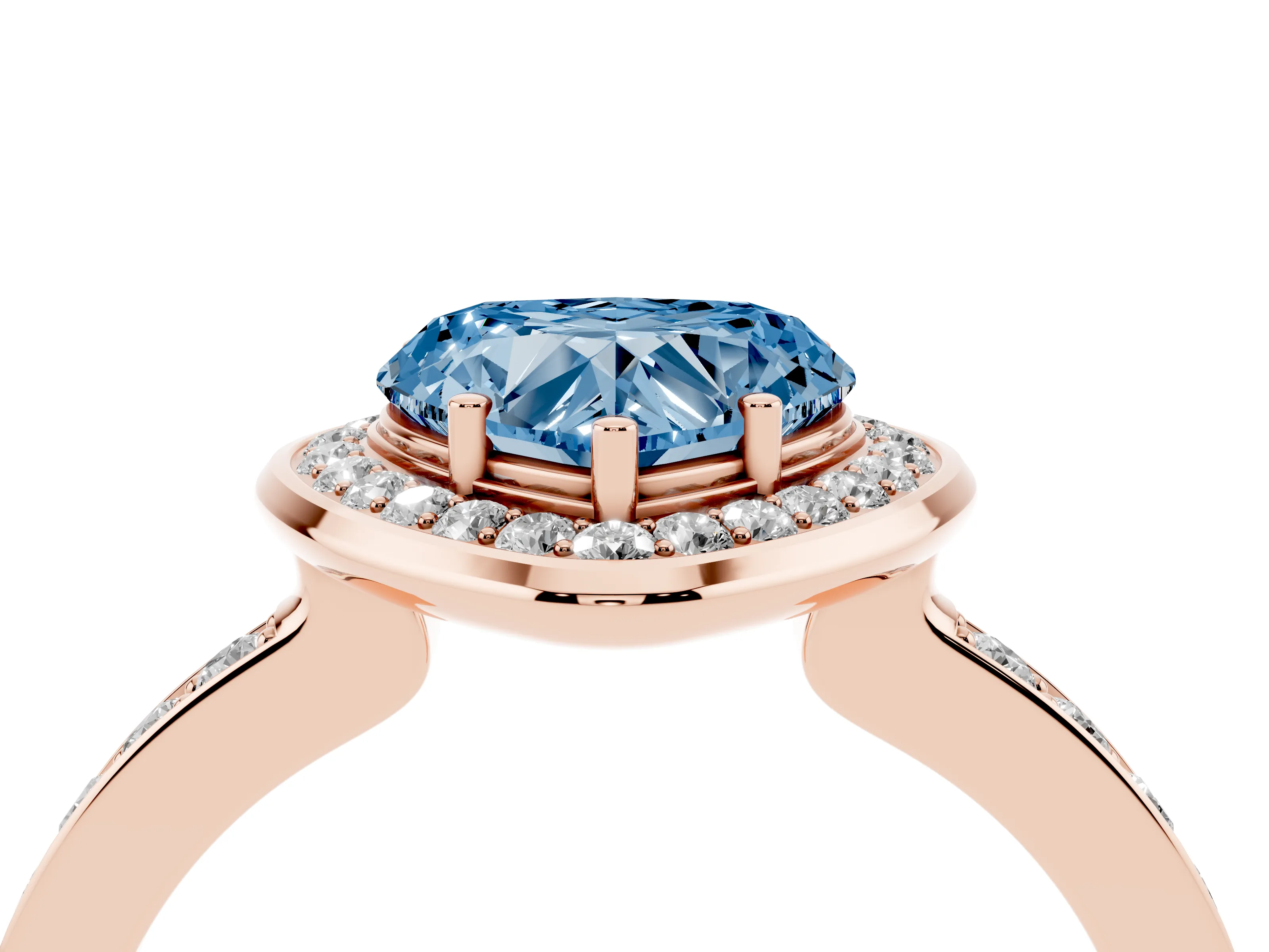 Fancy Blue Heart Cut Diamond Halo Ring Set in Rose gold with Bezel Frame and Pavé Band