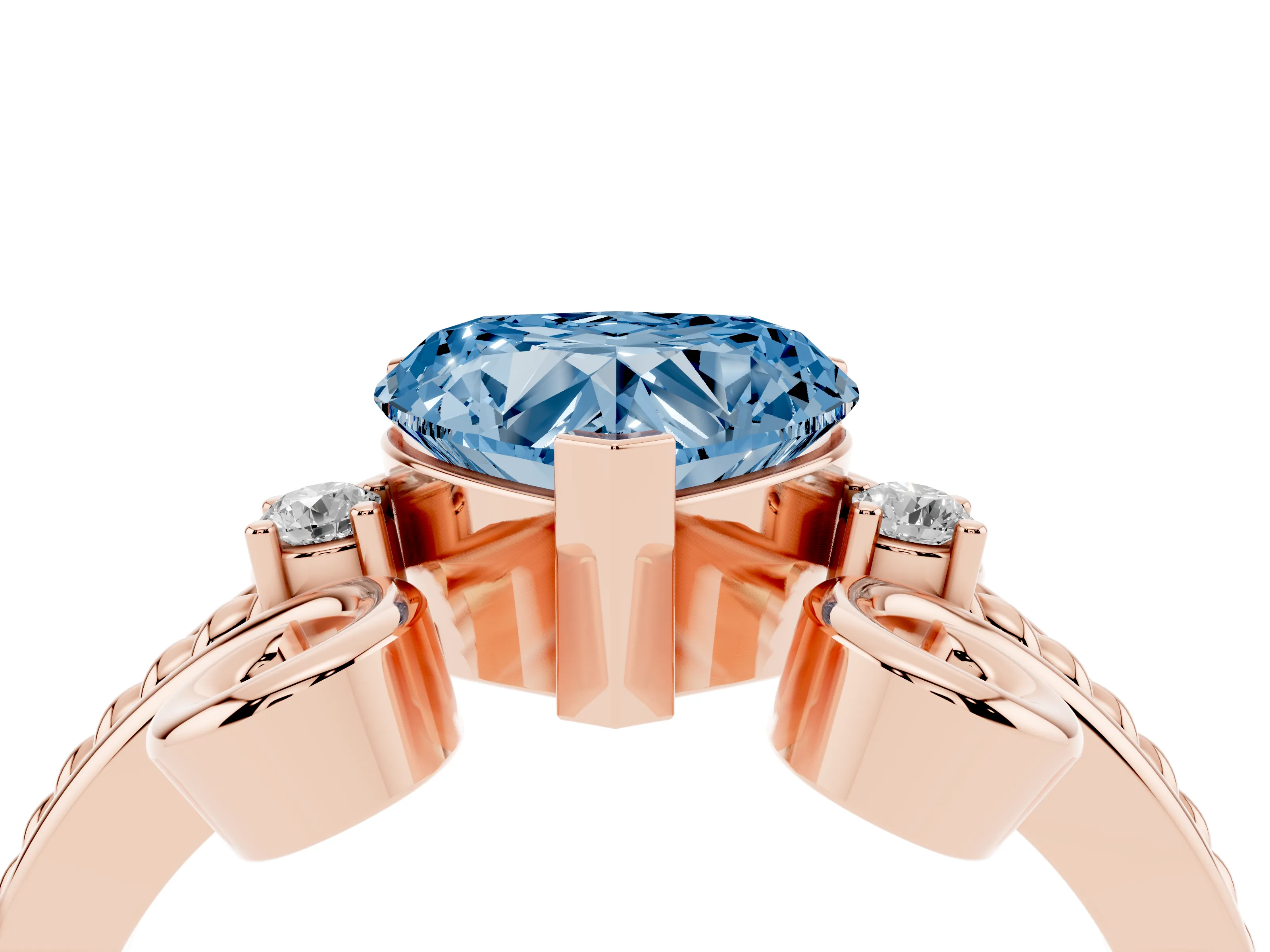 Fancy Blue Heart Cut Diamond Twisted Band Solitaire Ring Set in Rose gold with Scroll Prongs