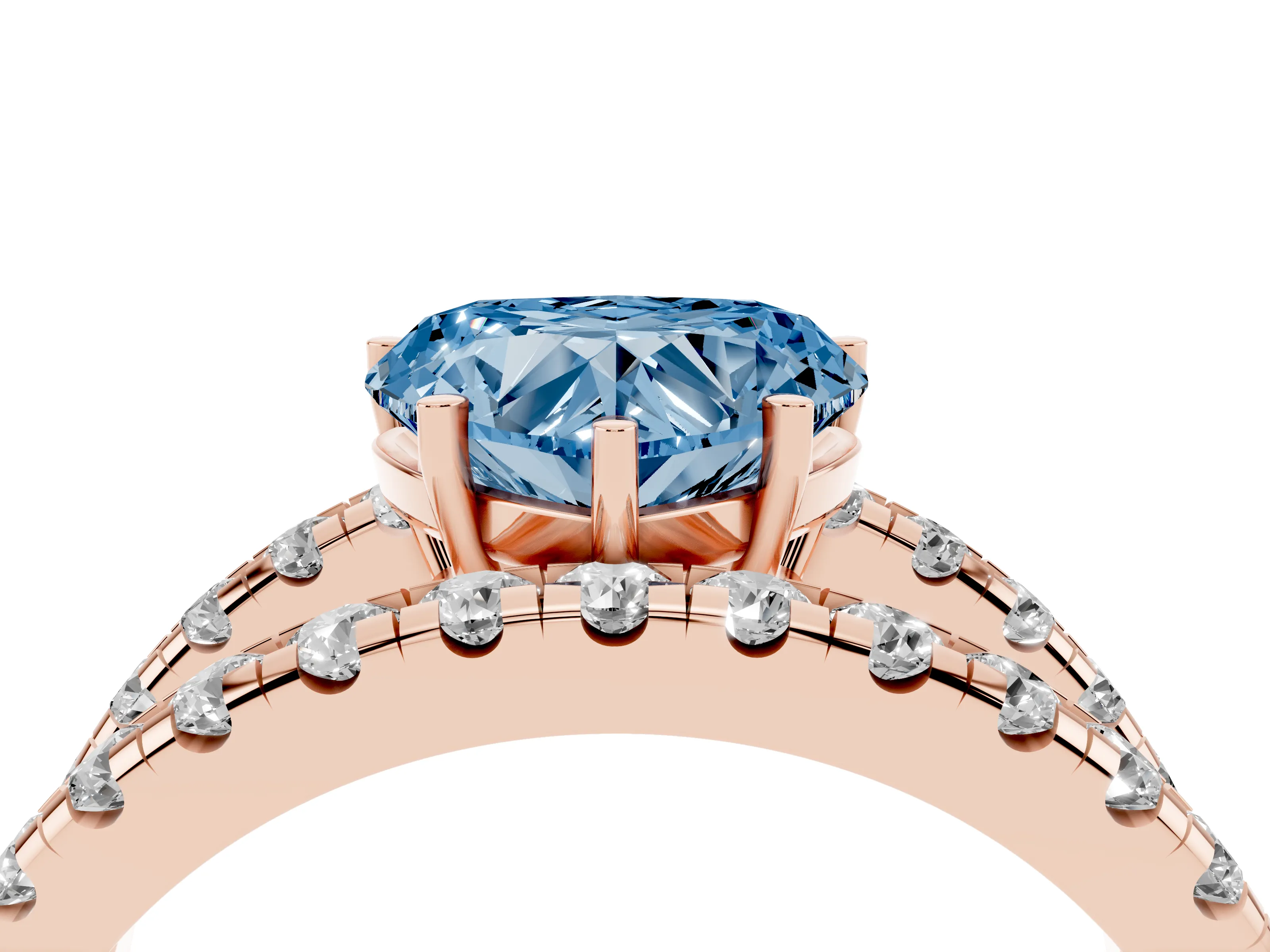 Fancy Blue Heart Cut Diamond Split Shank Pavé Solitaire Ring Set in Rose gold with Open Shank Design