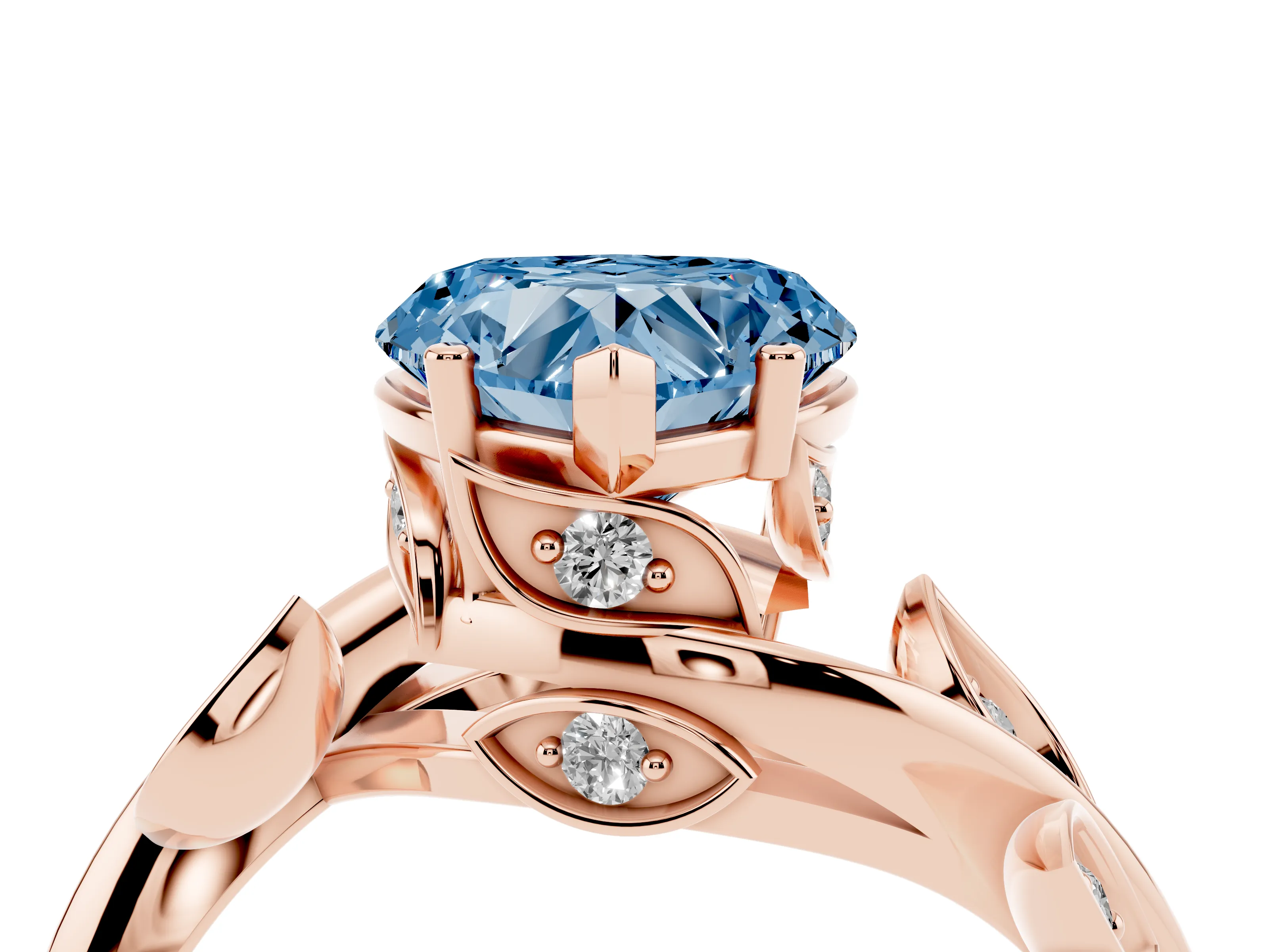 Fancy Blue Heart Cut Diamond Solitaire Twist Engagement Ring Set in Rose gold with Pavé Leaf Accents
