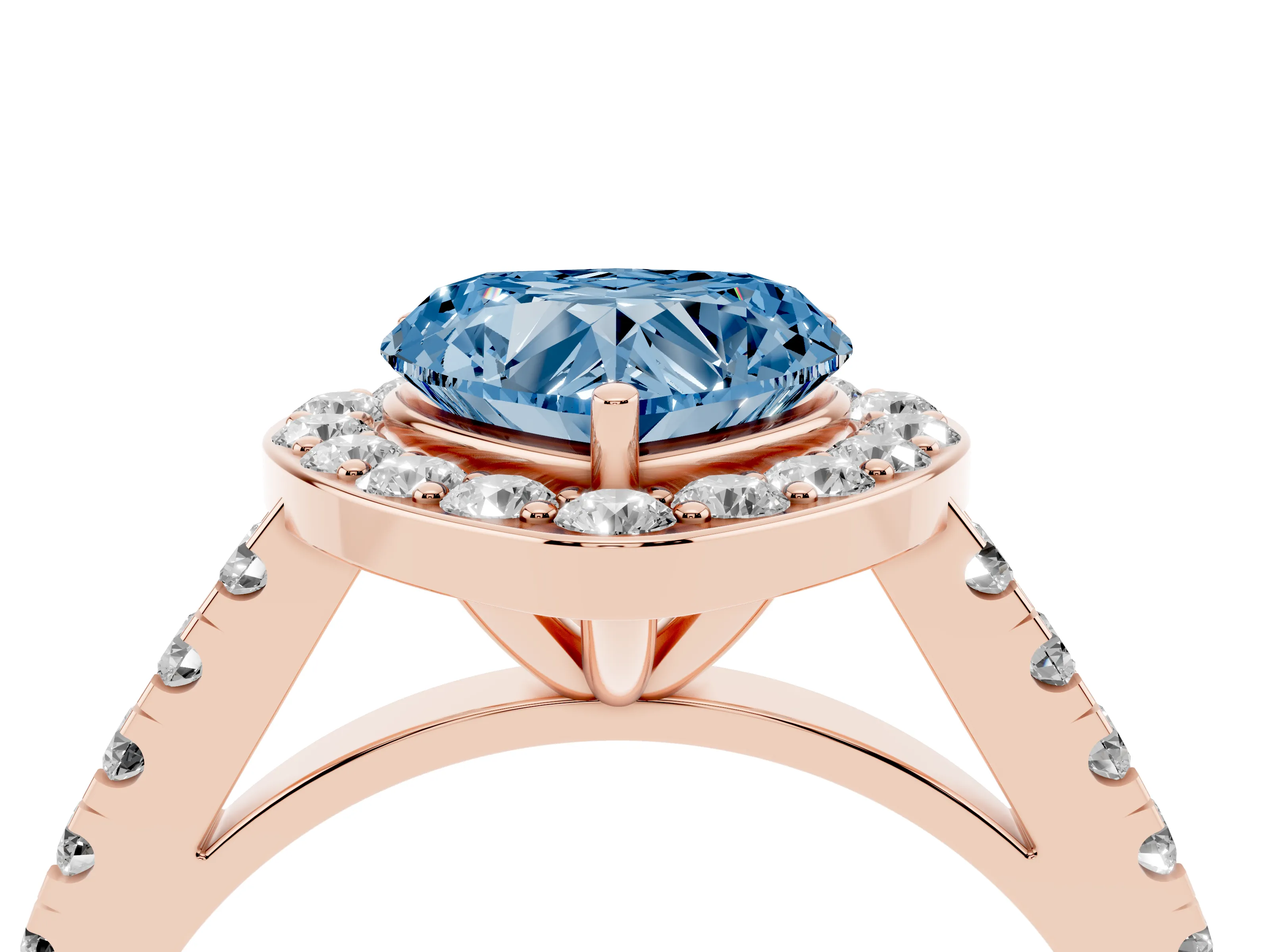 Fancy Blue Heart Cut Diamond Halo Ring Set in Rose gold with Round Pavé Split Shank and Prong Setting