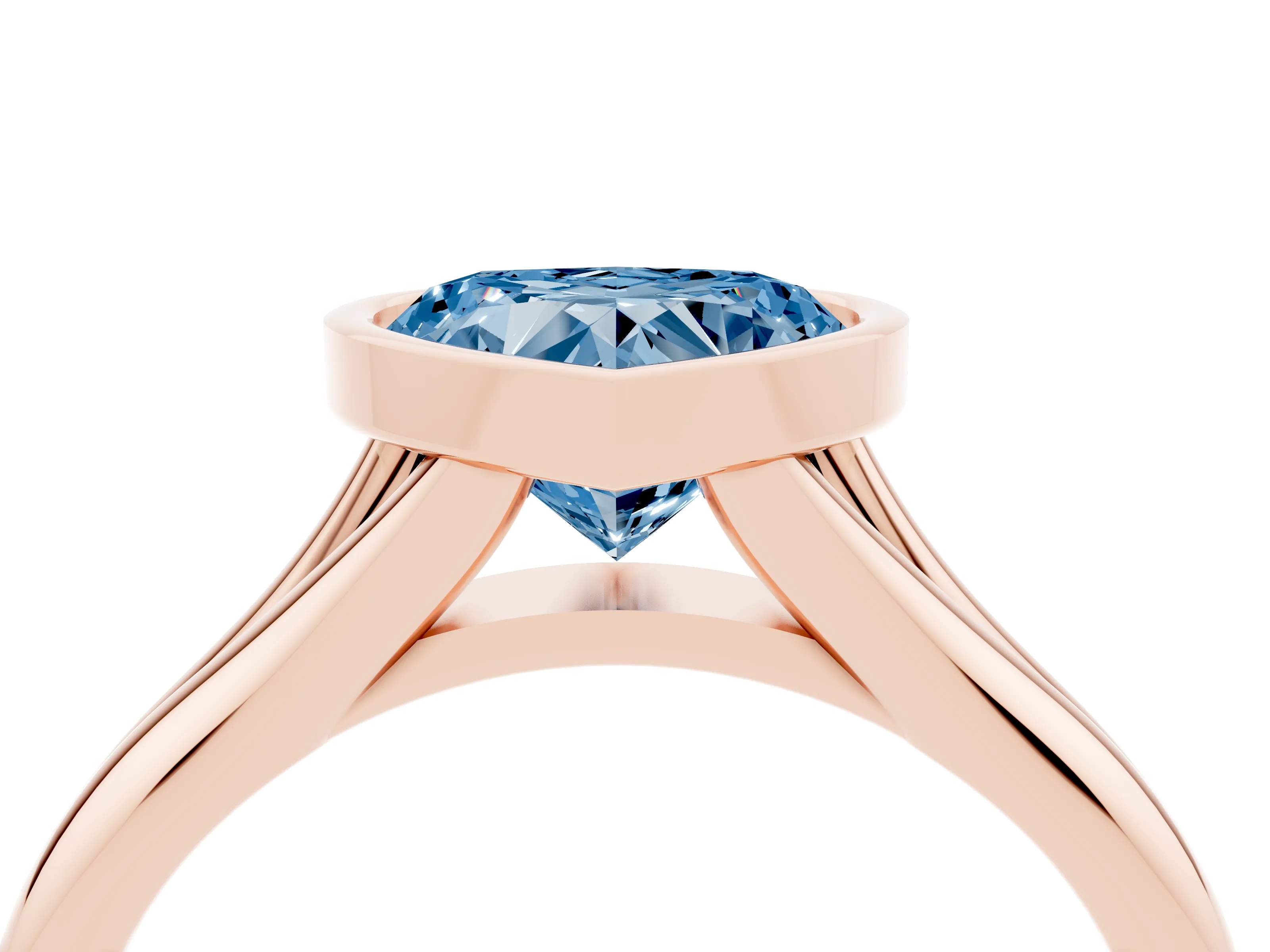 Fancy Blue Bezel Set Heart Cut Diamond Solitaire Ring Set in Rose gold with Smooth Band