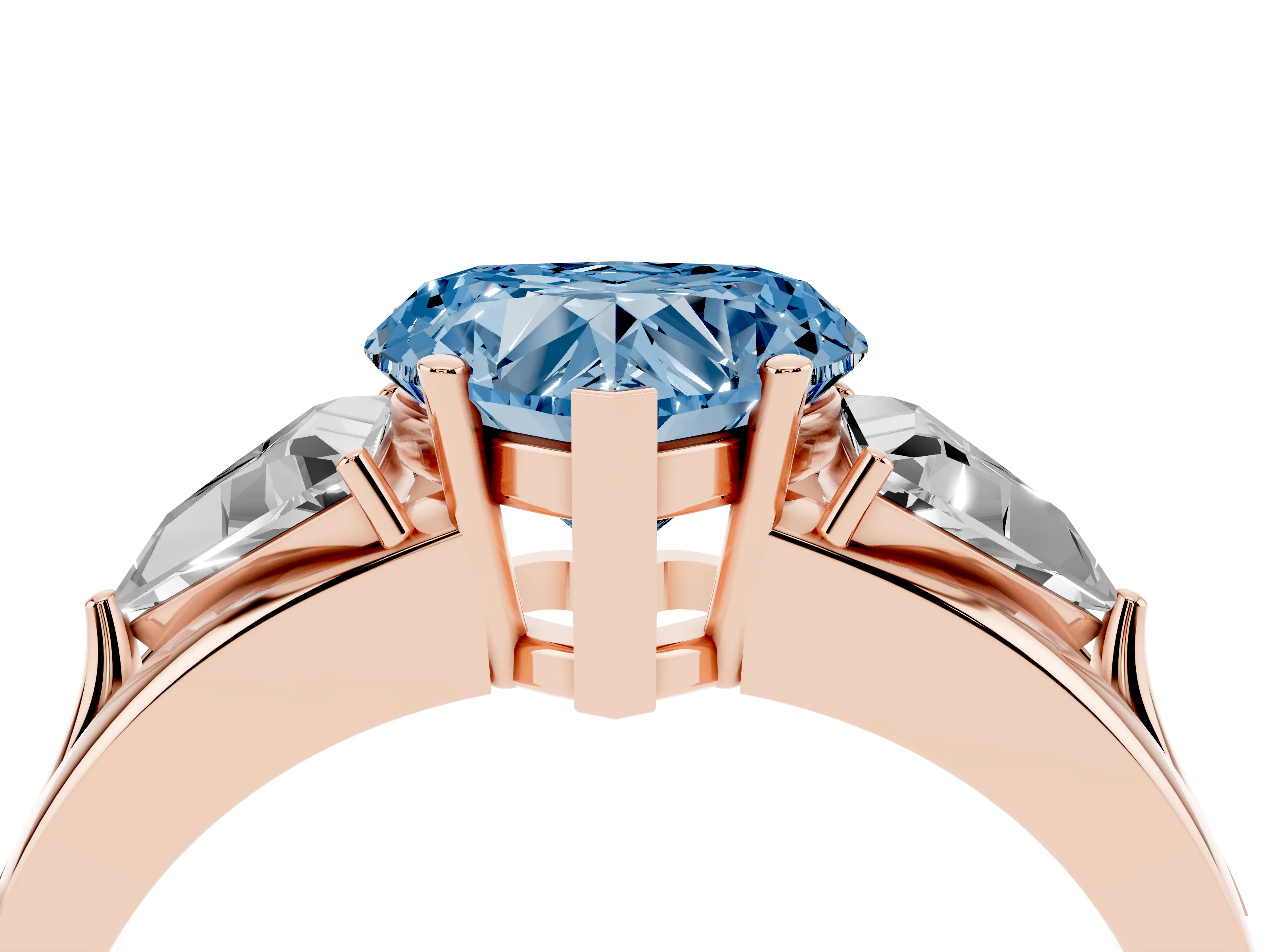 Fancy Blue Heart Cut Diamond Three-Stone Ring Set in Rose gold with Trillion Side Stones and Split Shank
