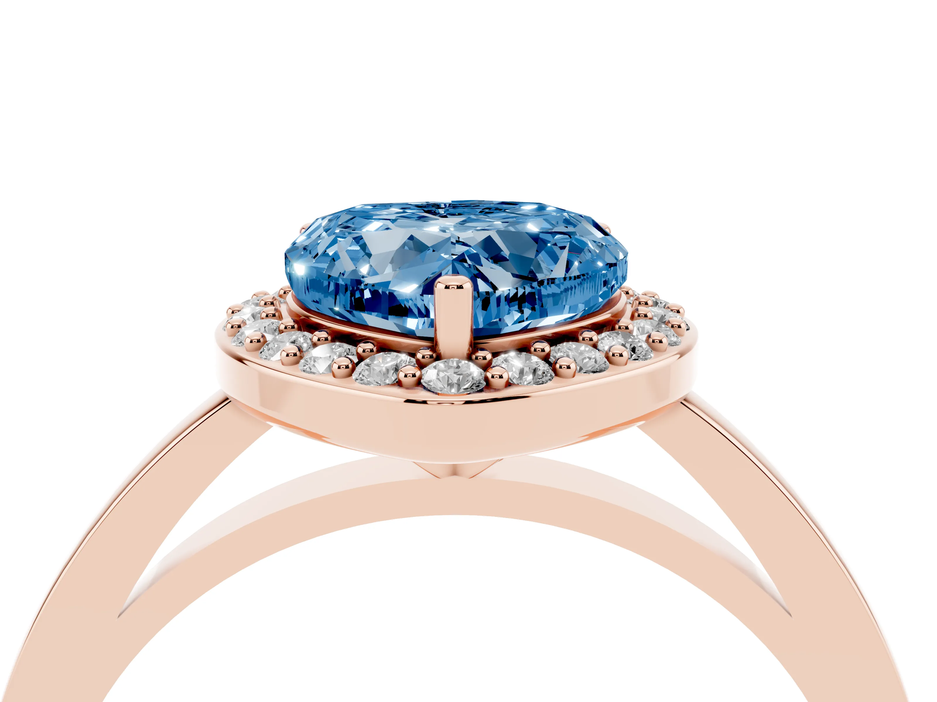 Fancy Blue Heart Cut Diamond Halo Ring Set in Rose gold with Solitaire Band and Prong Setting
