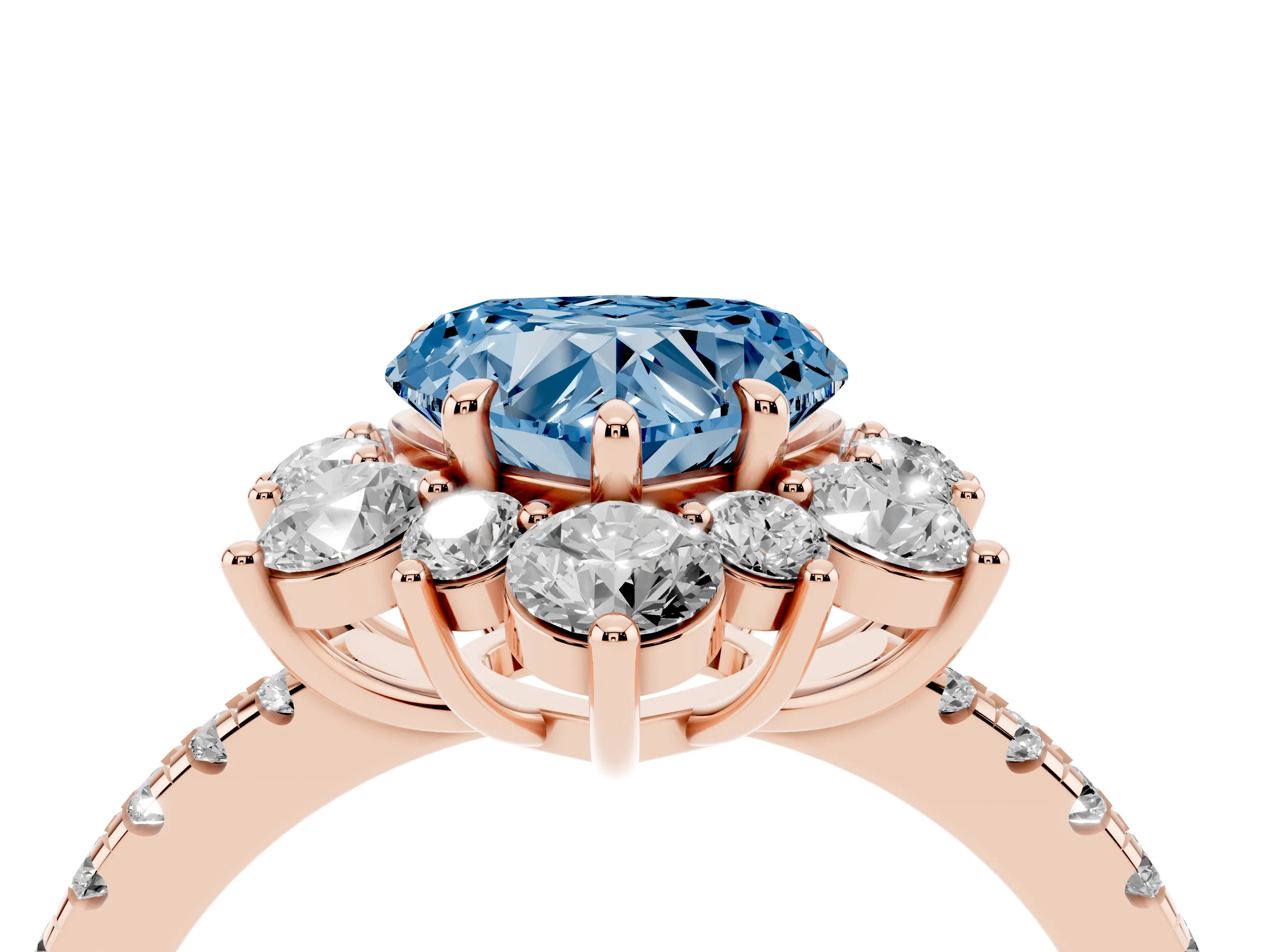 Fancy Blue Heart Cut Diamond Floral Halo Ring Set in Rose gold with Round Pavé Band and Prong Setting