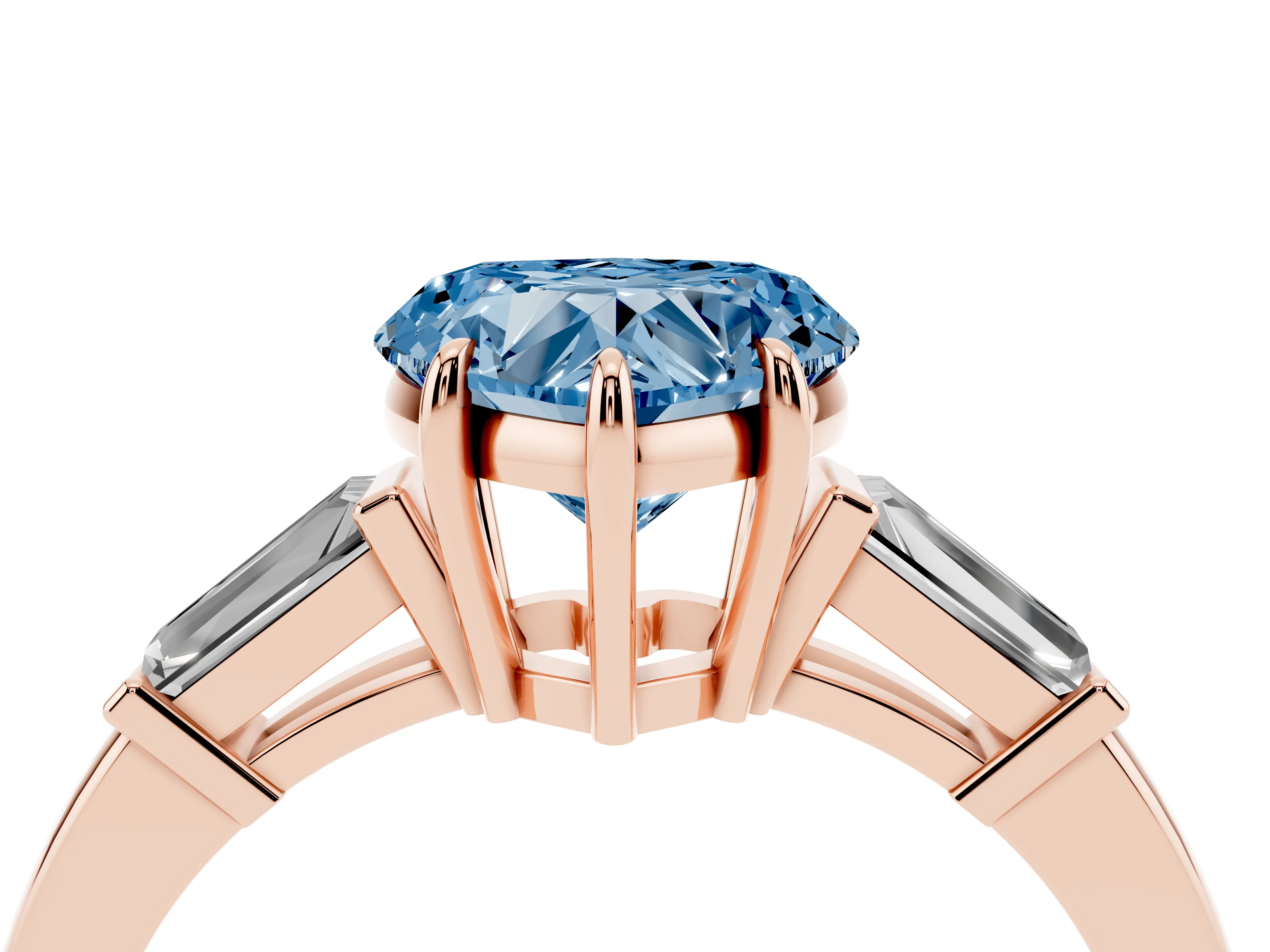 Fancy Blue Heart Cut Diamond Three-Stone Ring Set in Rose gold with Tapered Baguette Side Stones and Prong Setting