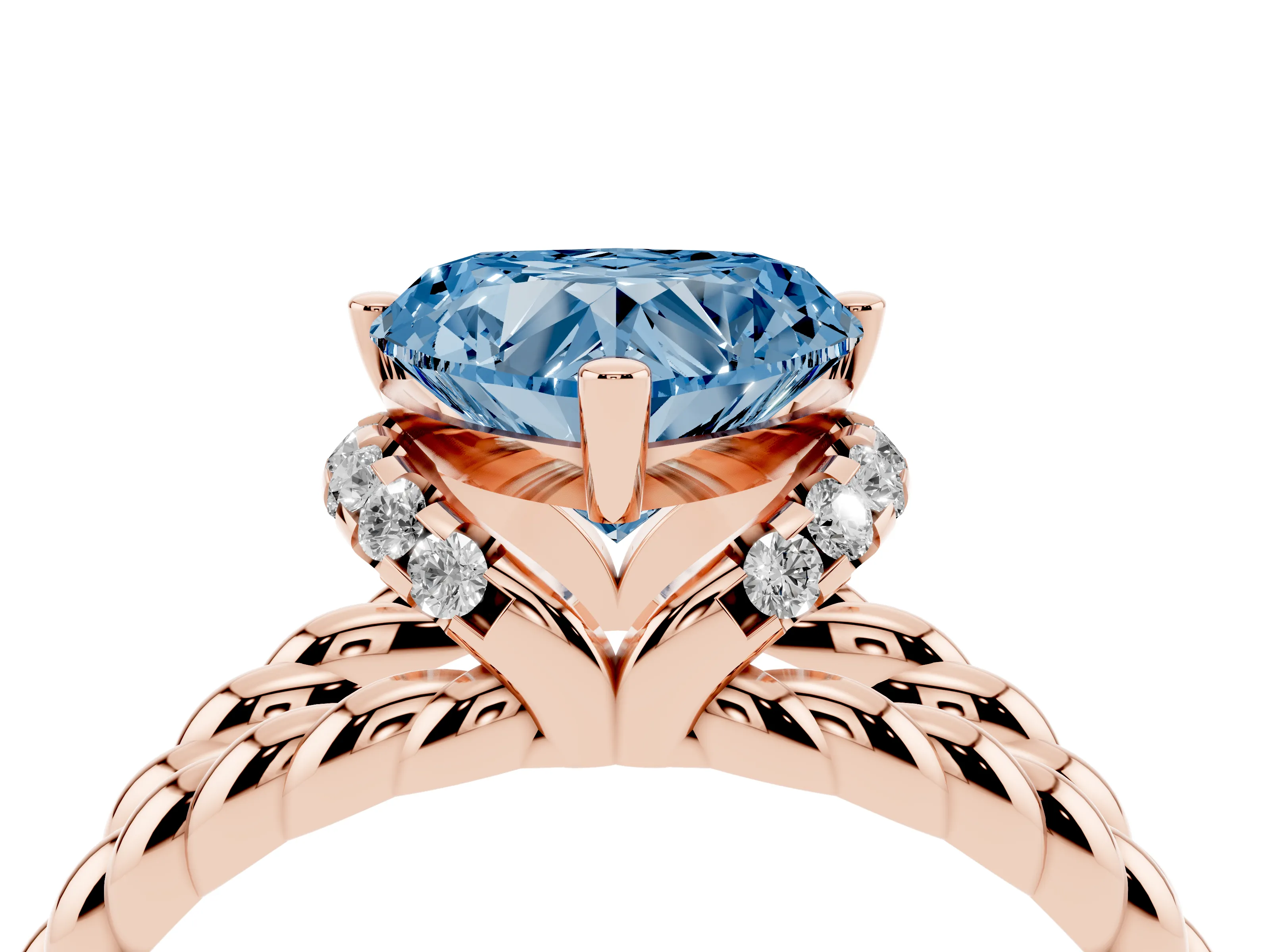 Fancy Blue Heart Cut Diamond Halo Ring Set in Rose gold with Twisted Band and Prong Setting