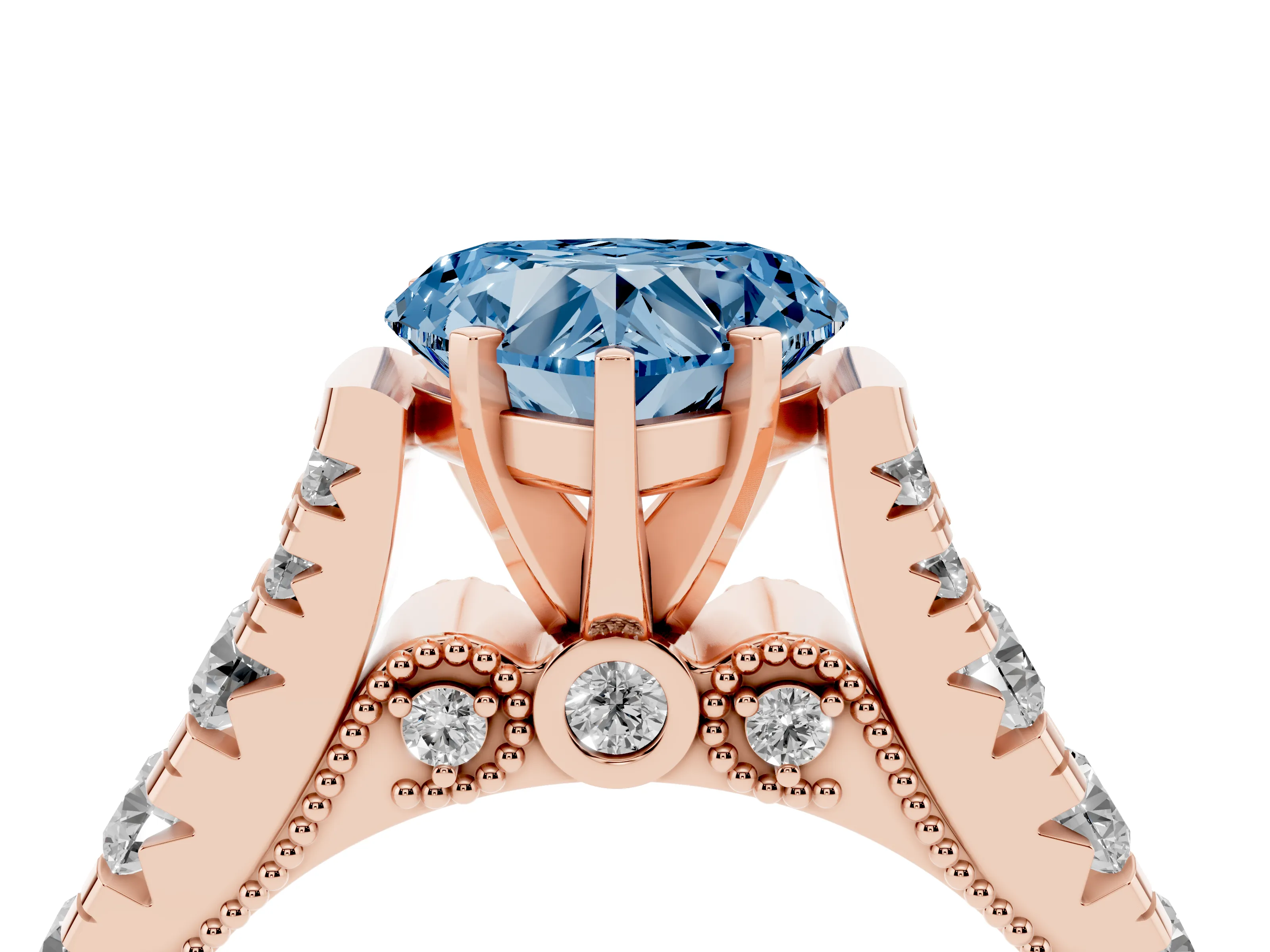 Fancy Blue Heart Cut Diamond Classic Solitaire Ring Set in Rose gold with Pavé Band and Prong Setting