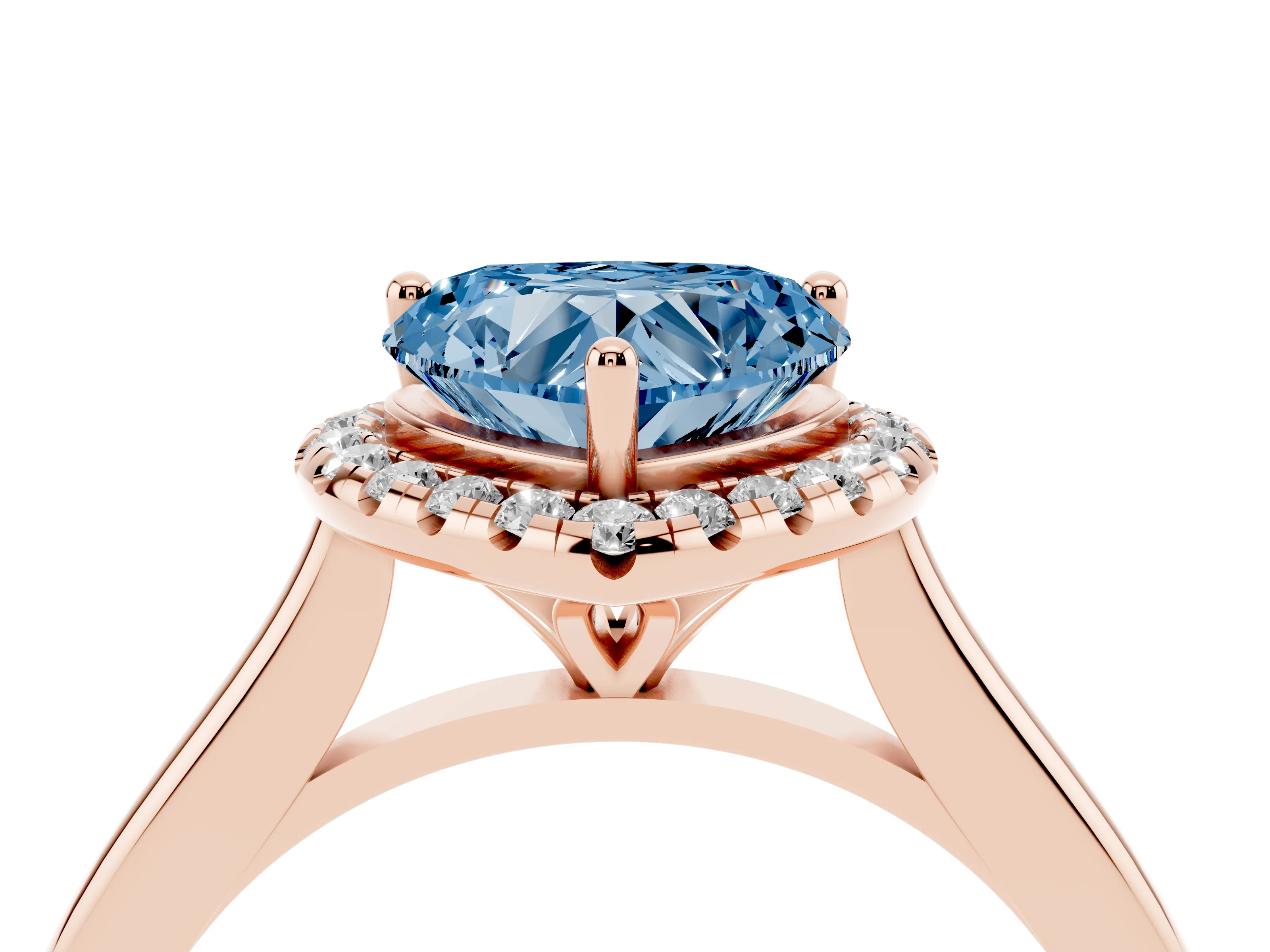Fancy Blue Heart Cut Diamond Halo Engagement Ring Set in Rose gold with Pavé Band and Rising Shoulders