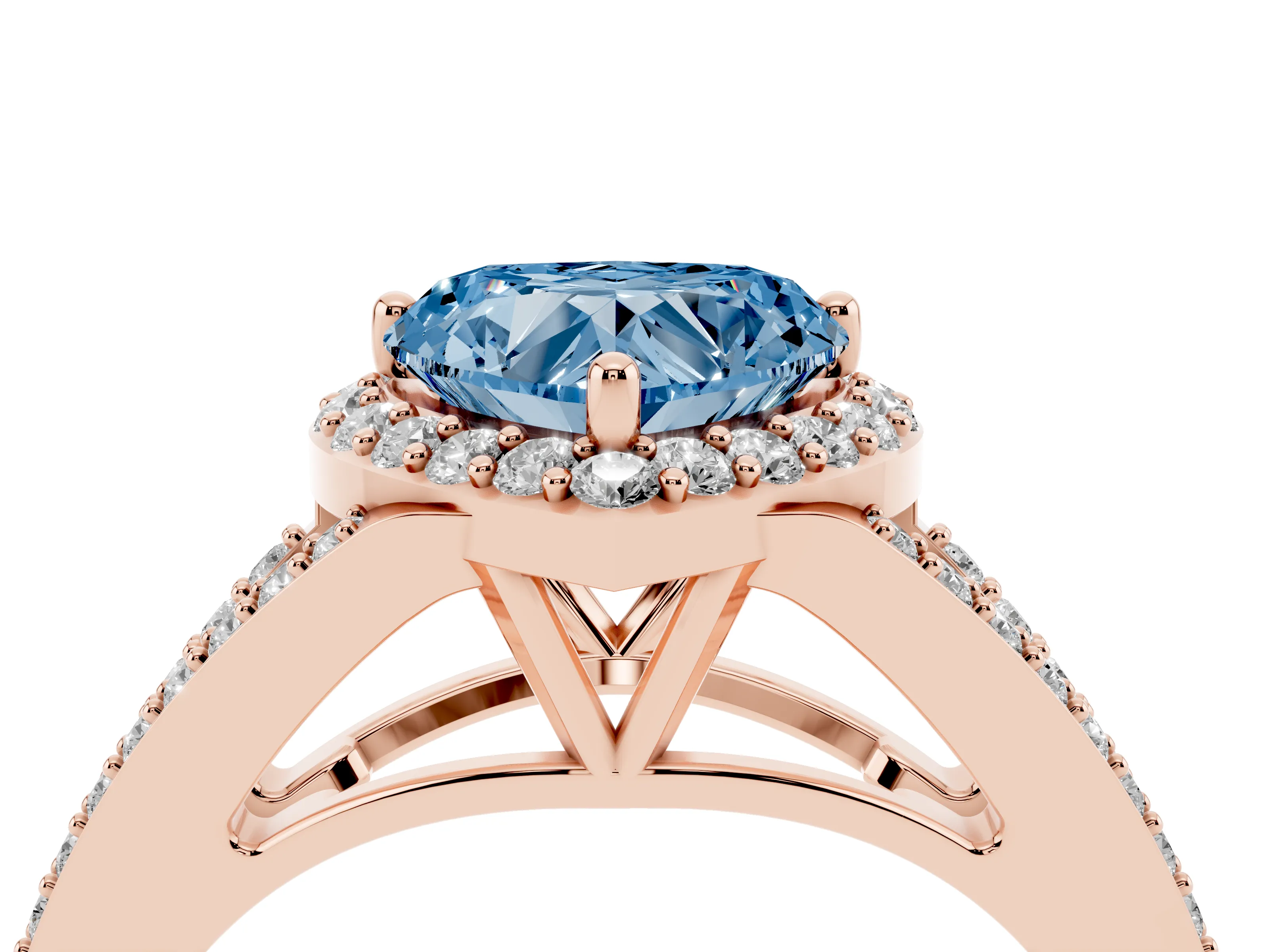 Fancy Blue Heart Cut Diamond Halo Split Shank Pavé Ring Set in Rose gold with Prong Setting