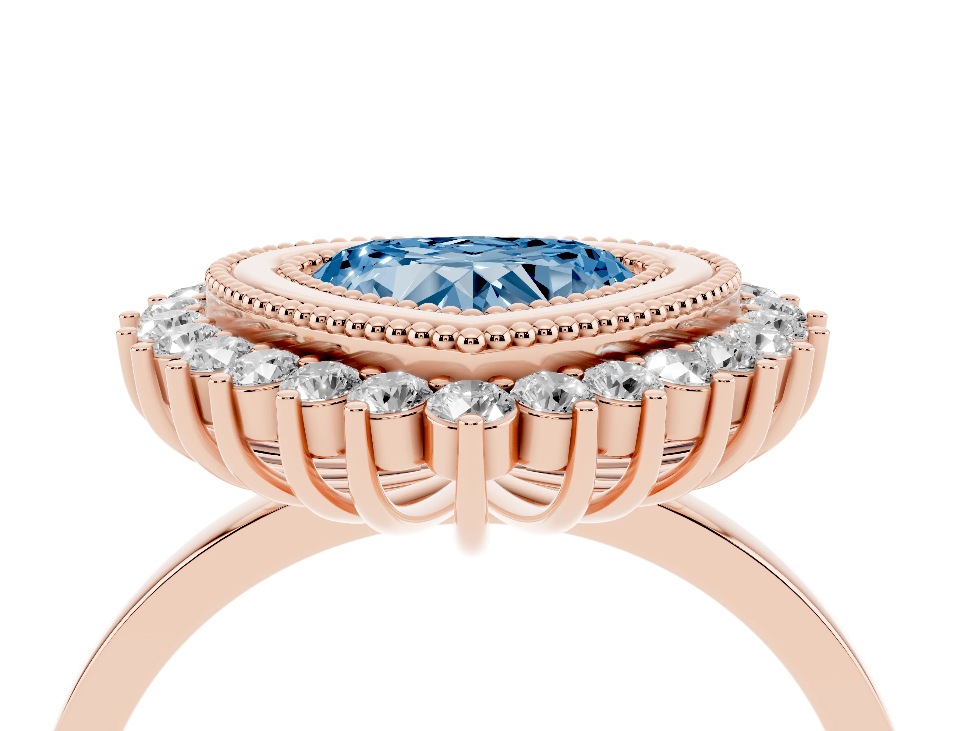 Fancy Blue Heart Cut Diamond Halo Ring Set in Rose gold with Milgrain Edge and Round Prong Setting