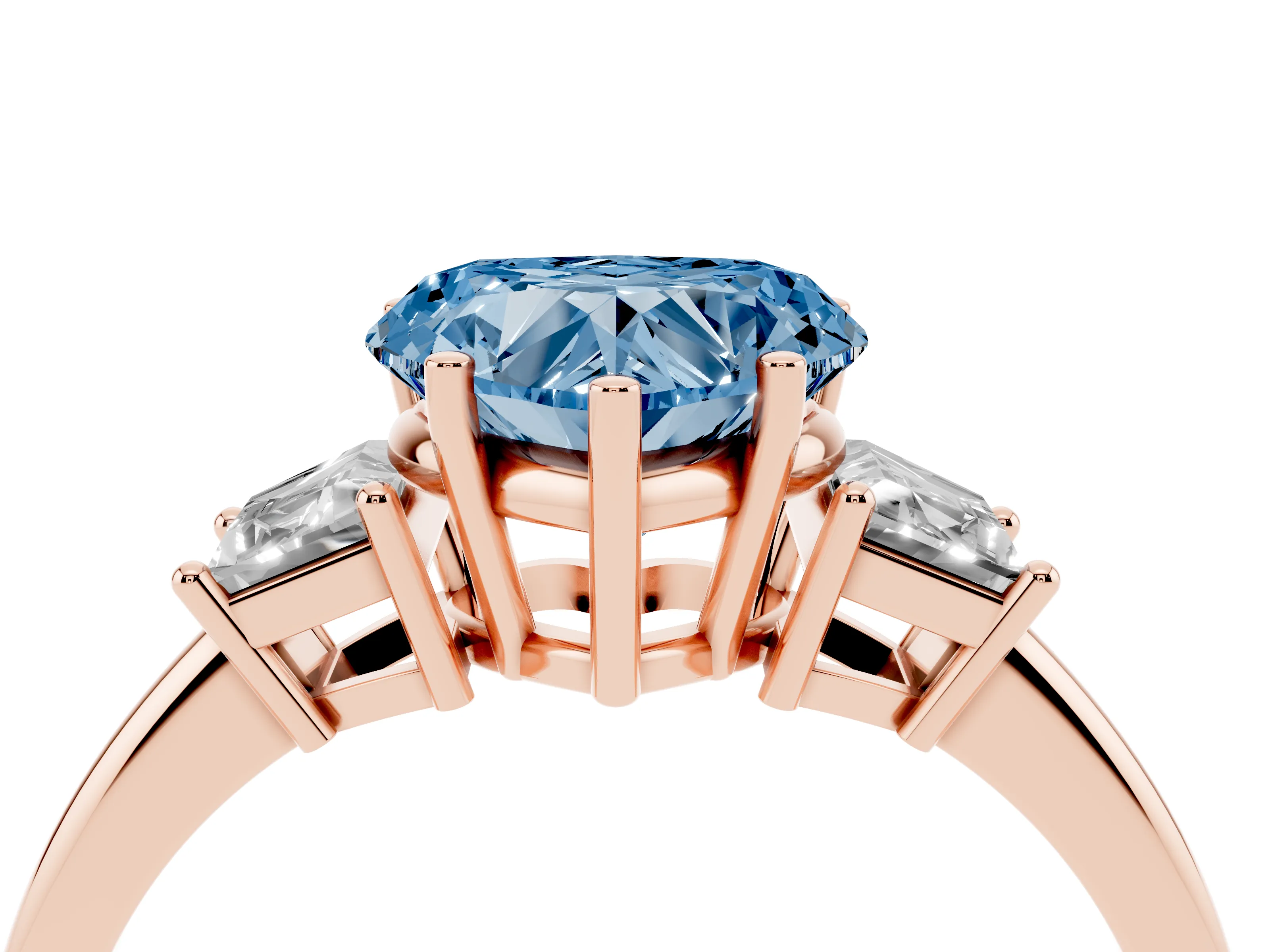 Fancy Blue Heart Cut Diamond Three-Stone Ring Set in Rose gold with Trapezoid Side Stones and Prong Setting