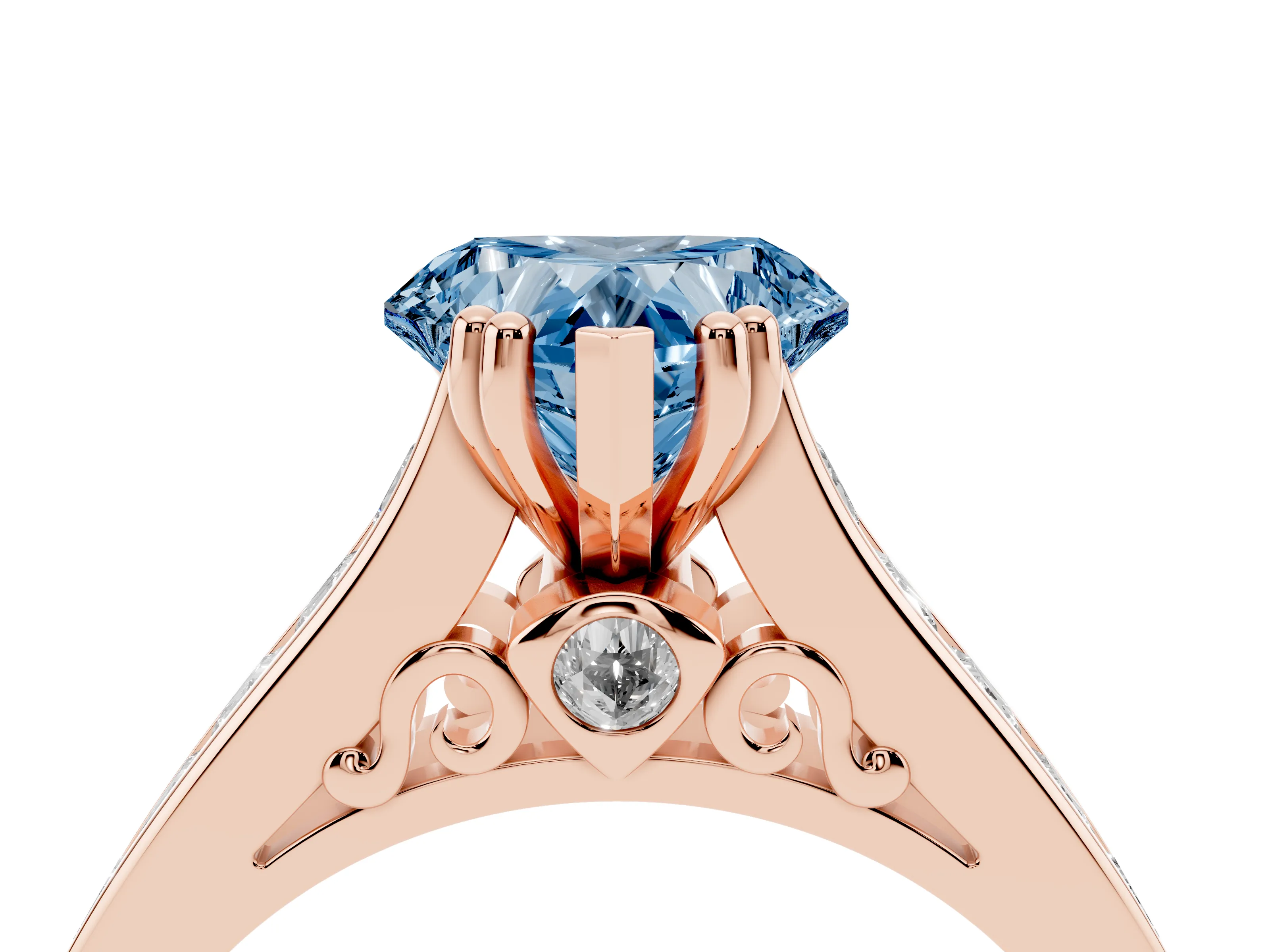 Fancy Blue Heart Cut Diamond Channel Set Solitaire Engagement Ring Set in Rose gold with Prong Setting