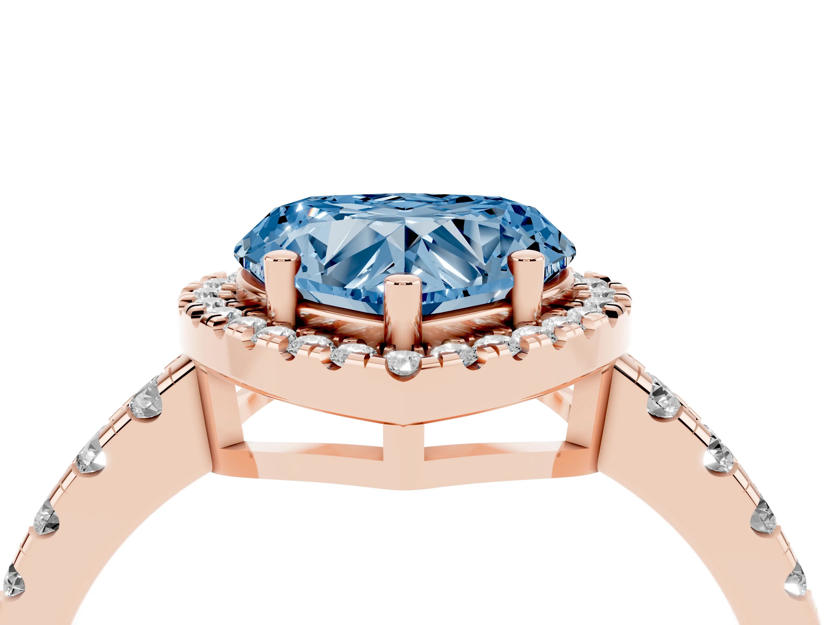 Fancy Blue Heart Cut Diamond Halo Ring Set in Rose gold with Delicate Pavé Band and Prong Setting